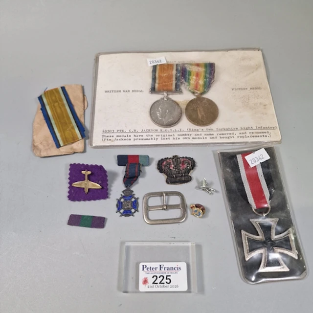 Assortment of military collectables, including a WW1 medal p...