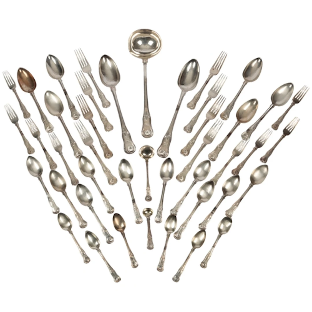 A part canteen of George IV silver Kings pattern flatware, b...