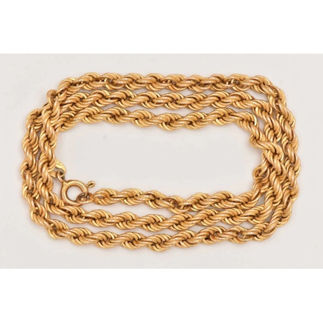 A 9CT YELLOW GOLD CHAIN NECKLACE, a rope chain necklace, fit...