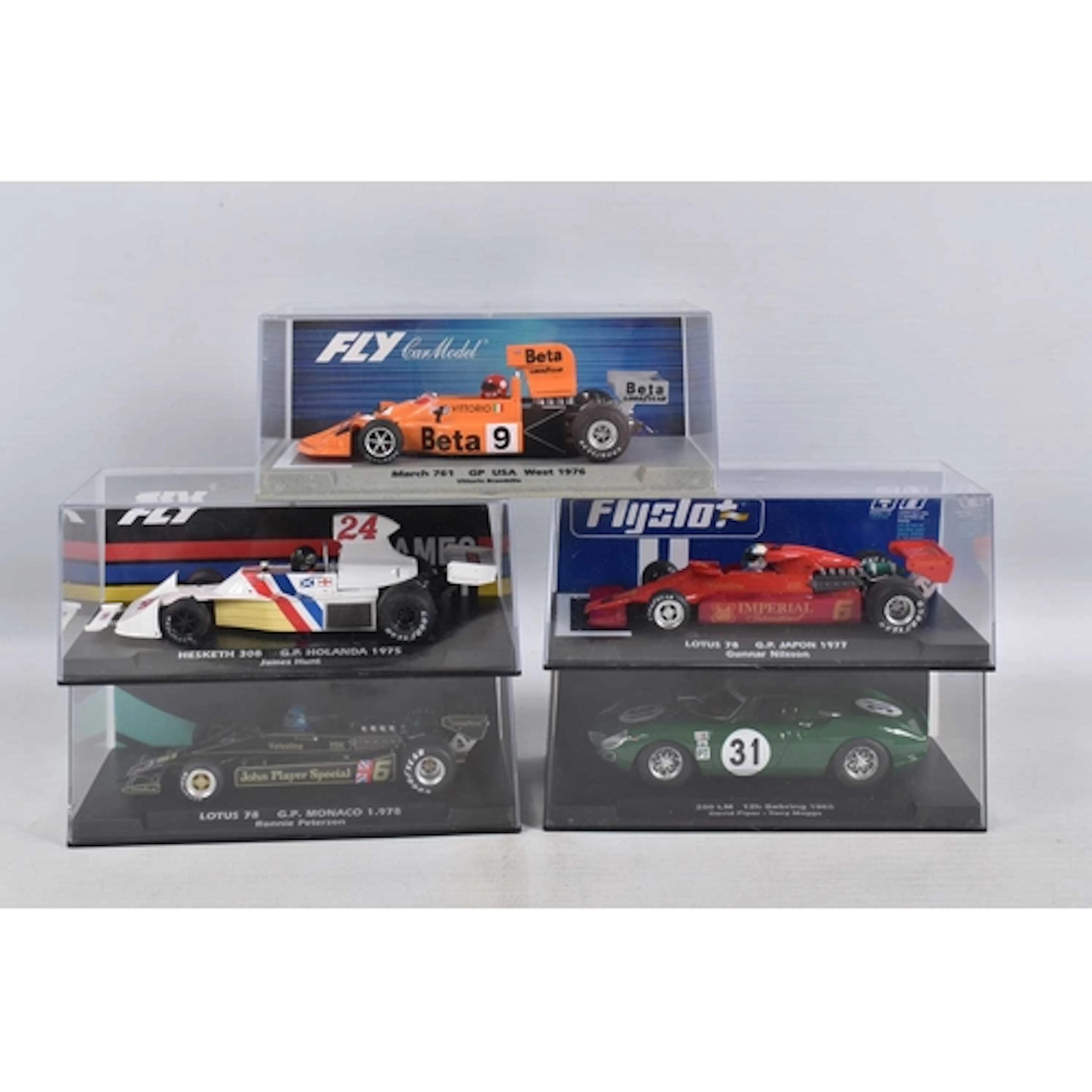 FIVE CASED FLY AND FLYSLOT 1:32 SCALE MODEL SLOT CARS, to in...