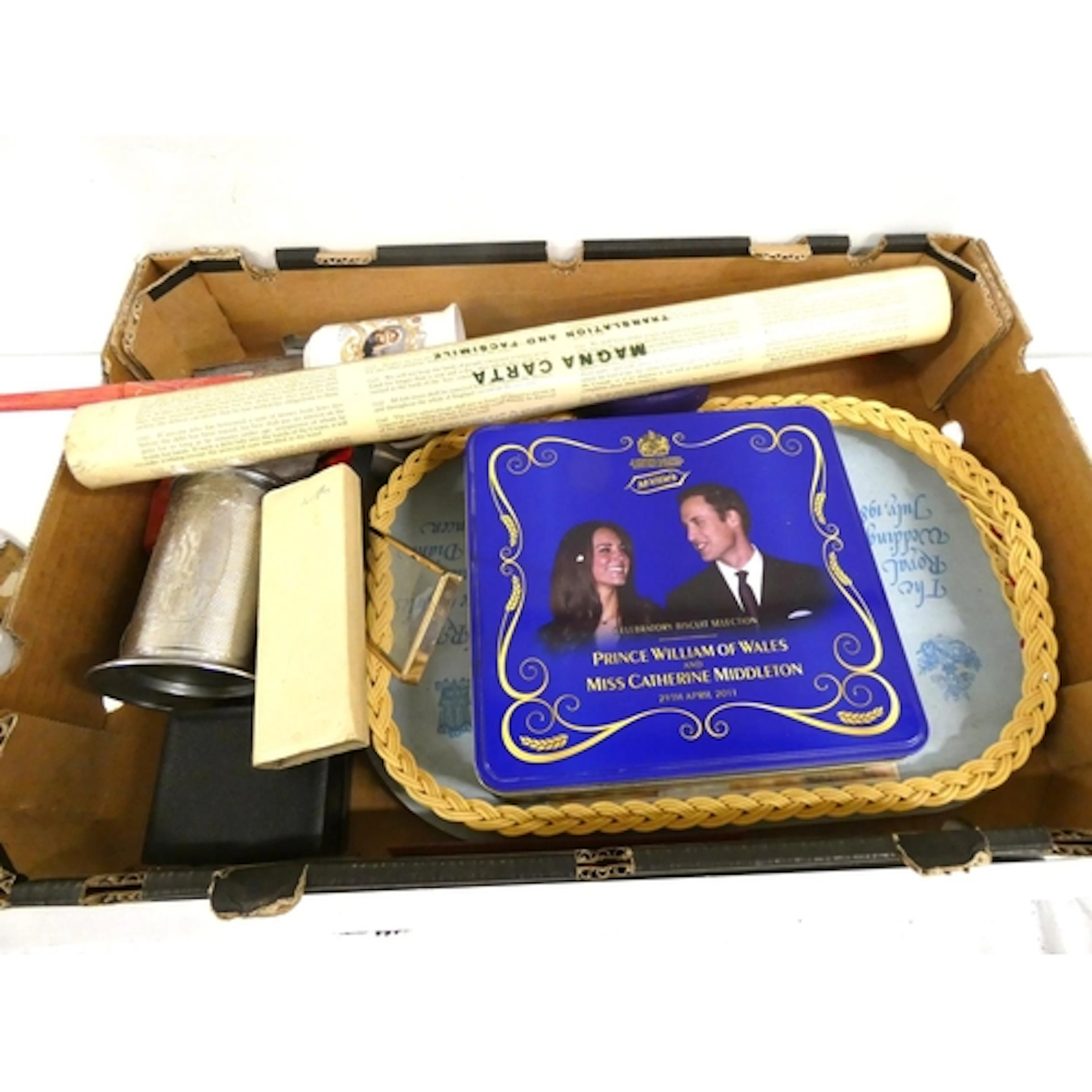 Box of various curios including watches, commemorative ware ...