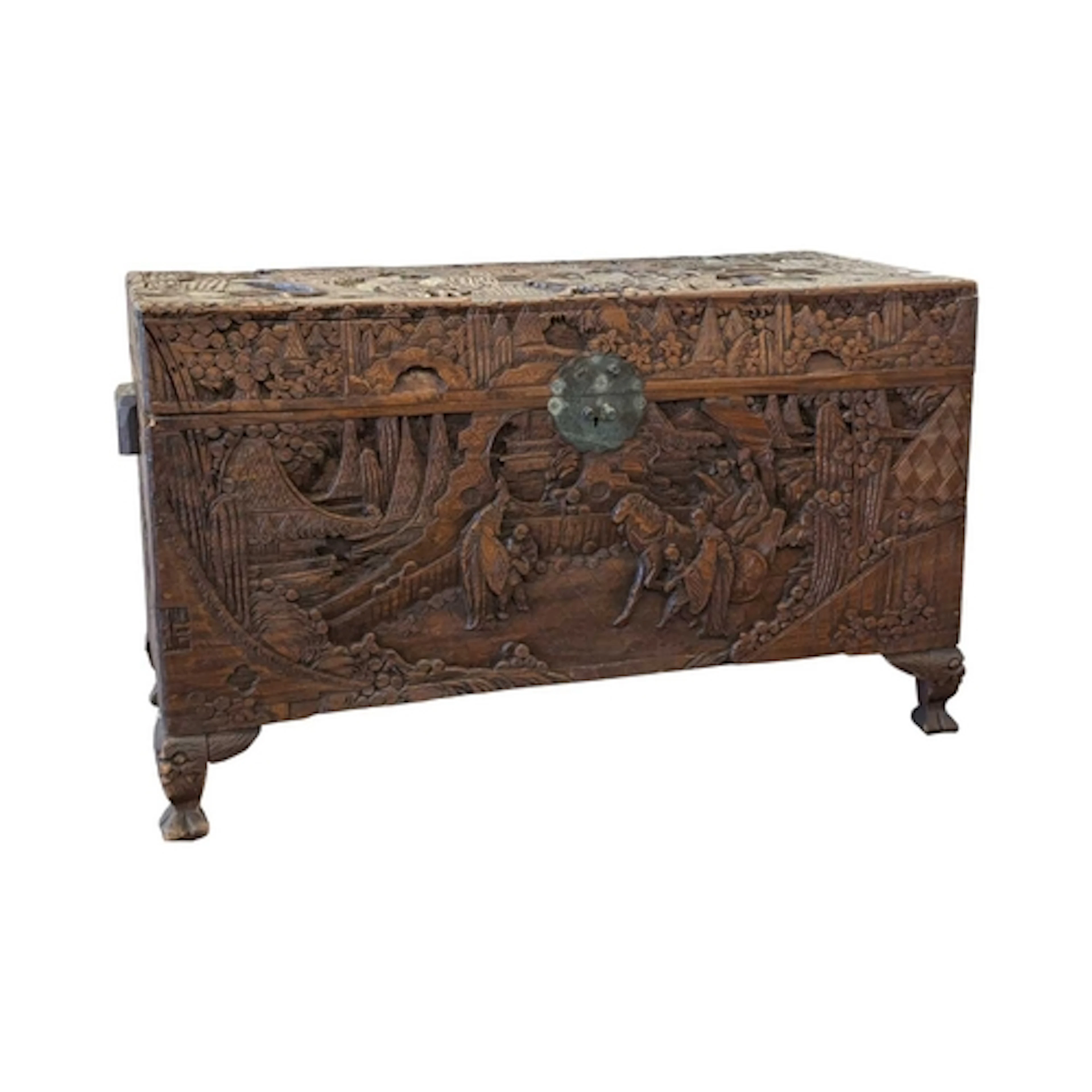 A 19th century heavily carved Chinese camphor wood trunk / b...