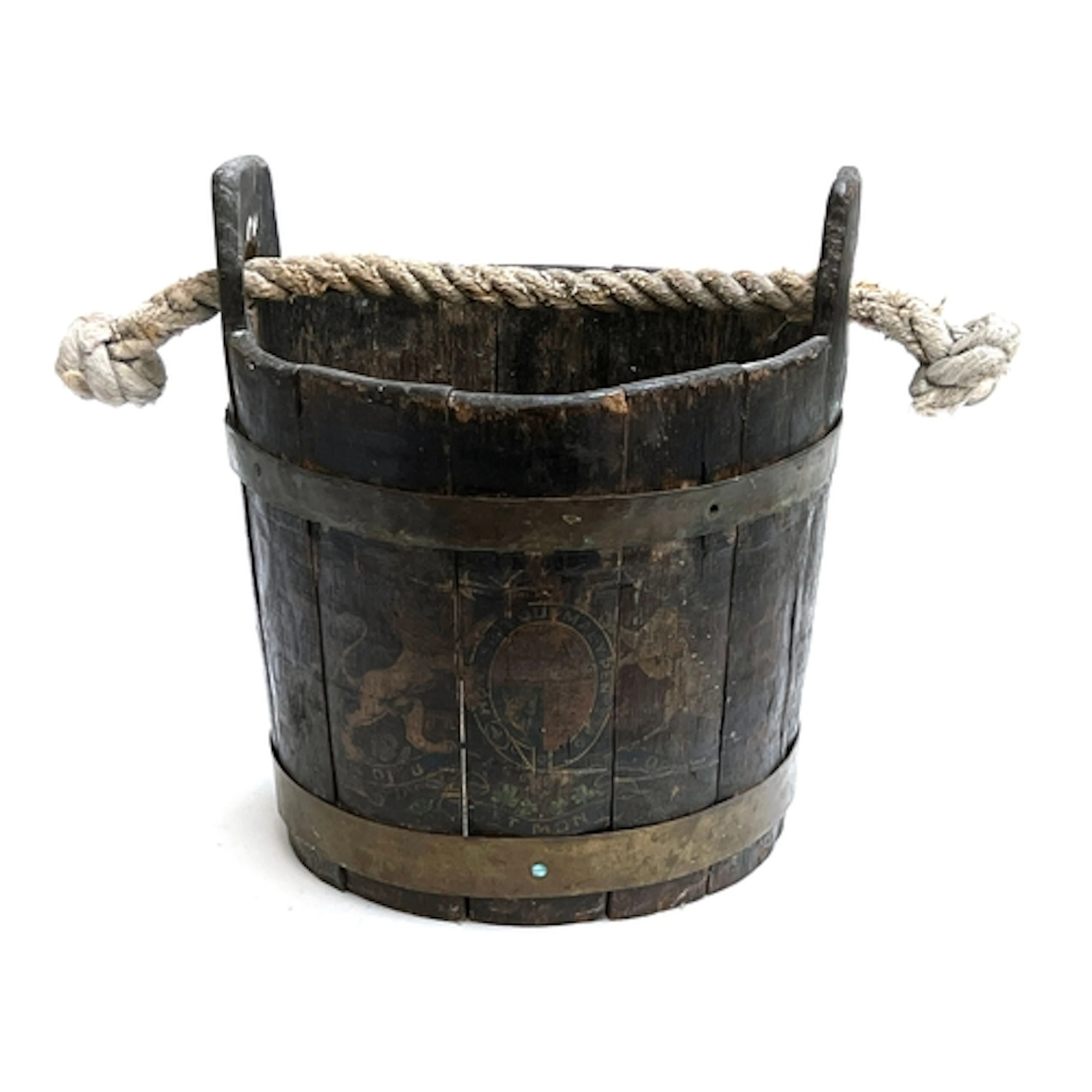 A 19th century coopered oak peat bucket with rope handle, pa...