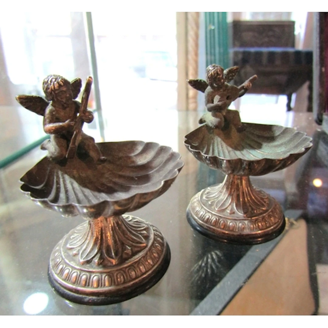 Pair of Continental White Metal Table Salts Cherub Motif Dec...