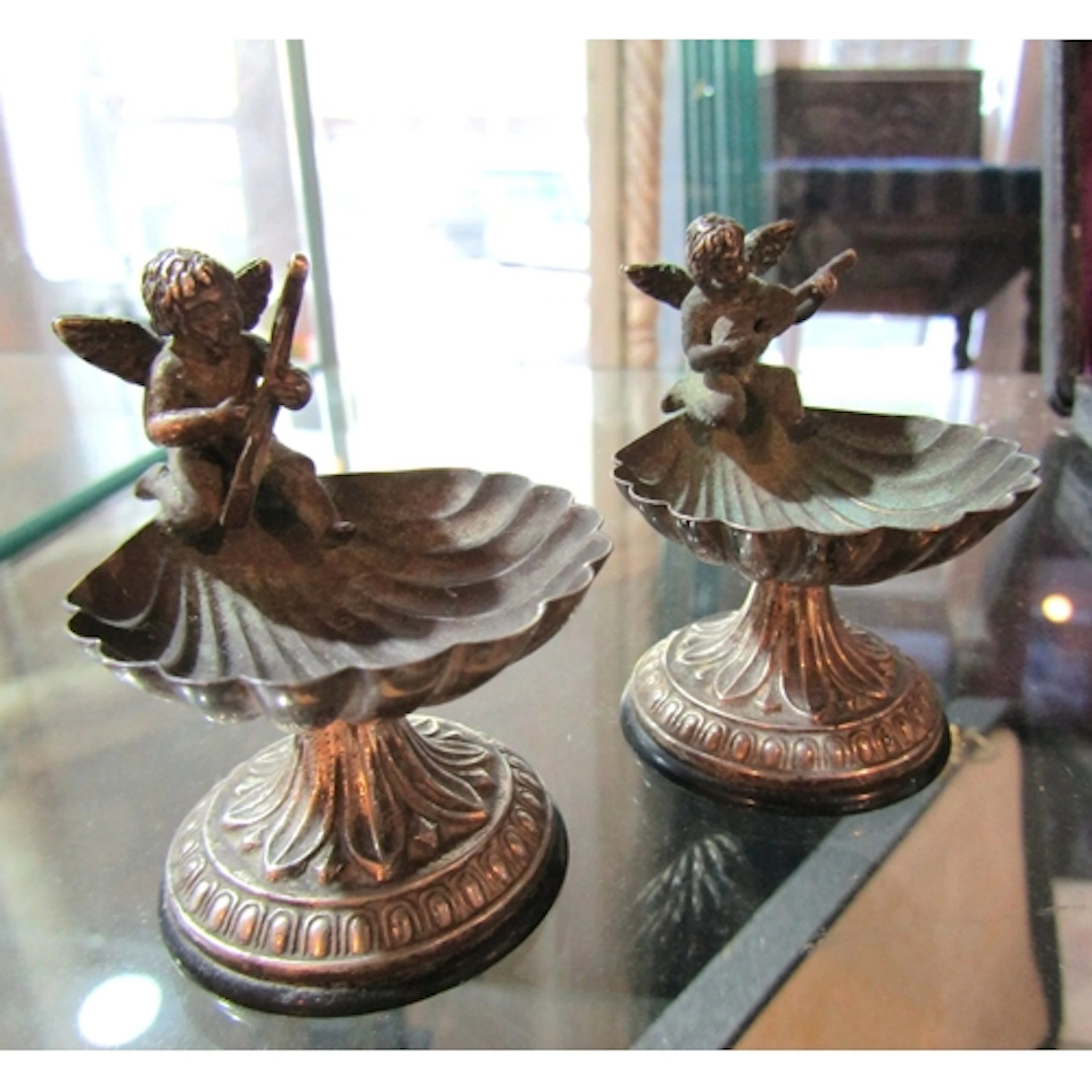 Pair of Continental White Metal Table Salts Cherub Motif Dec...