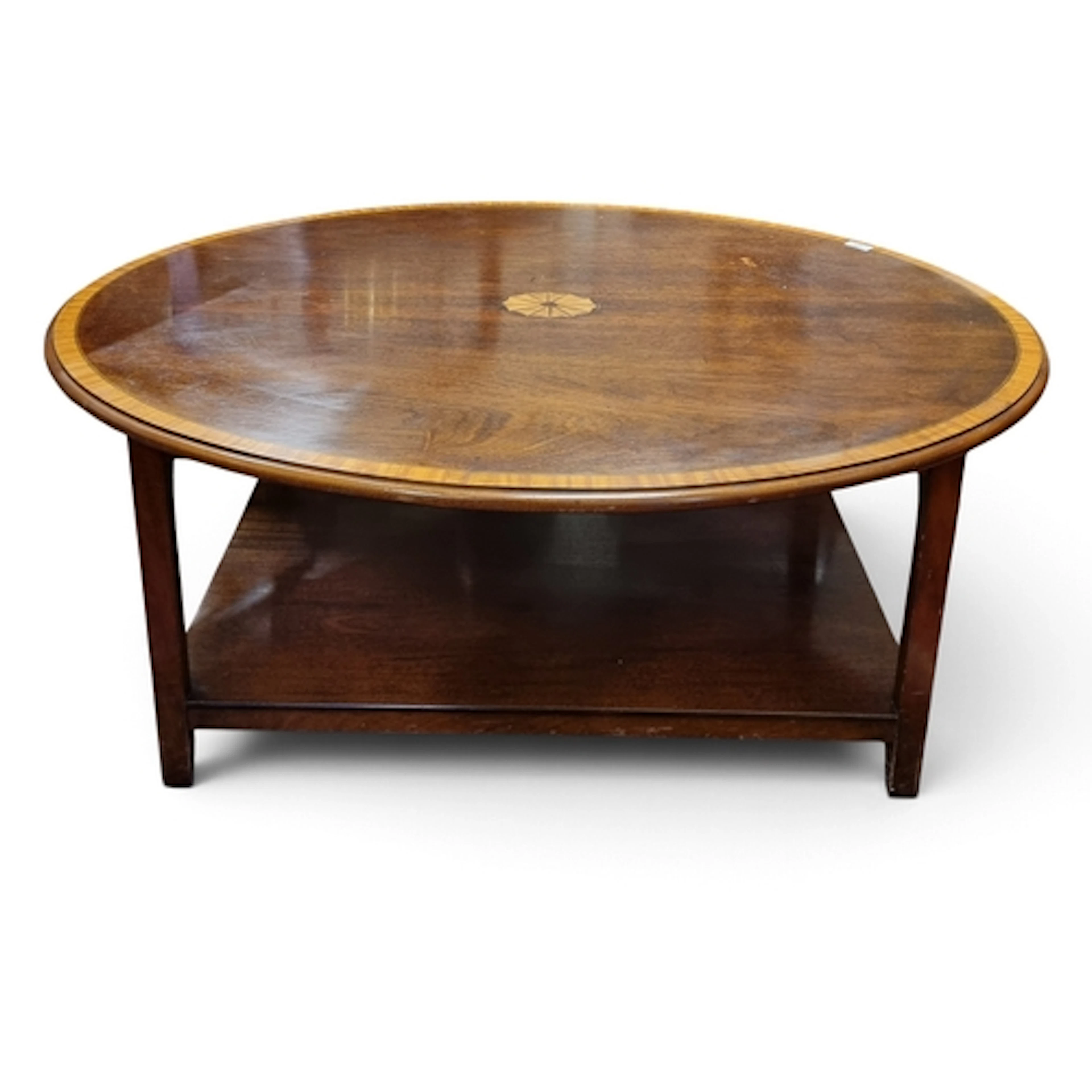 A reproduction Mahogany and Satinwood crossbanded oval Coffe...