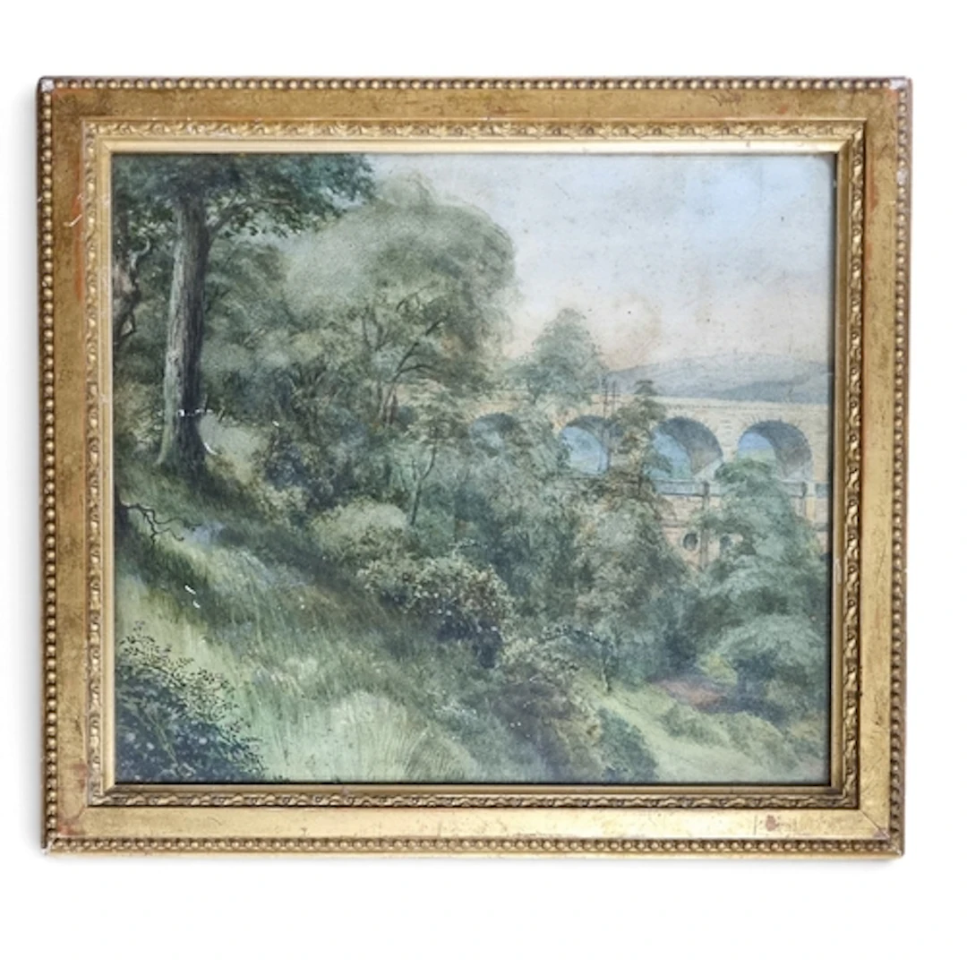 A 19th Century Watercolour of a bridge scene, no apparent si...