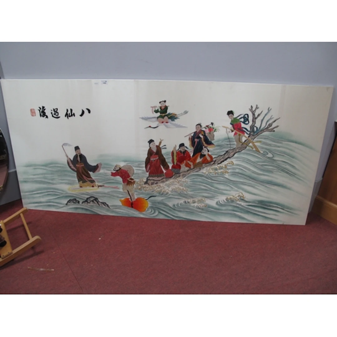 A Large Chinese Silk Embroidered Panel, "Eight Immortals Cro...