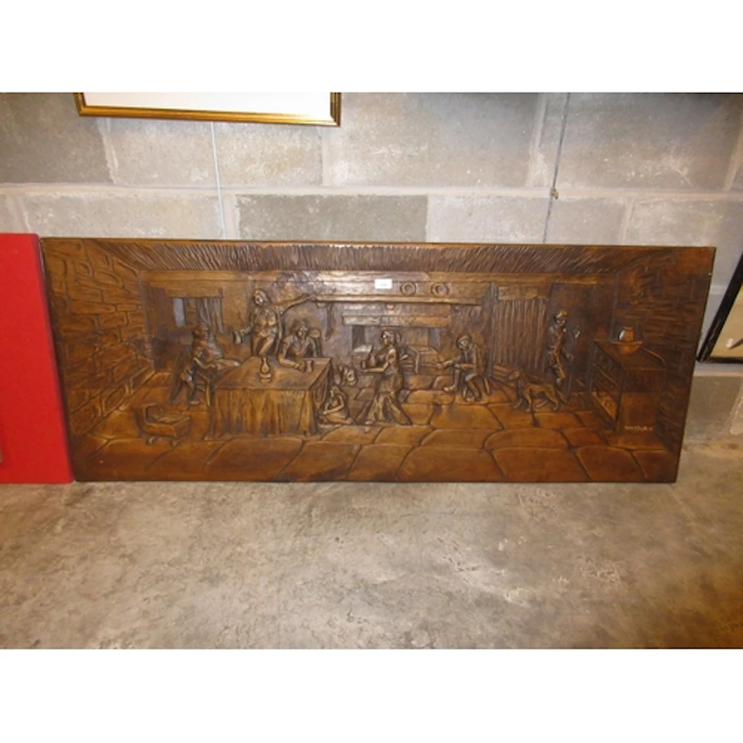 Colin S. Scott, 1971, Carved Wood Panel, Inn Scene