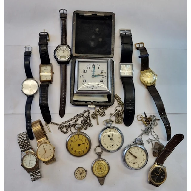A collection of Wristwatches, Pocket Watches and a Slava 11 ...