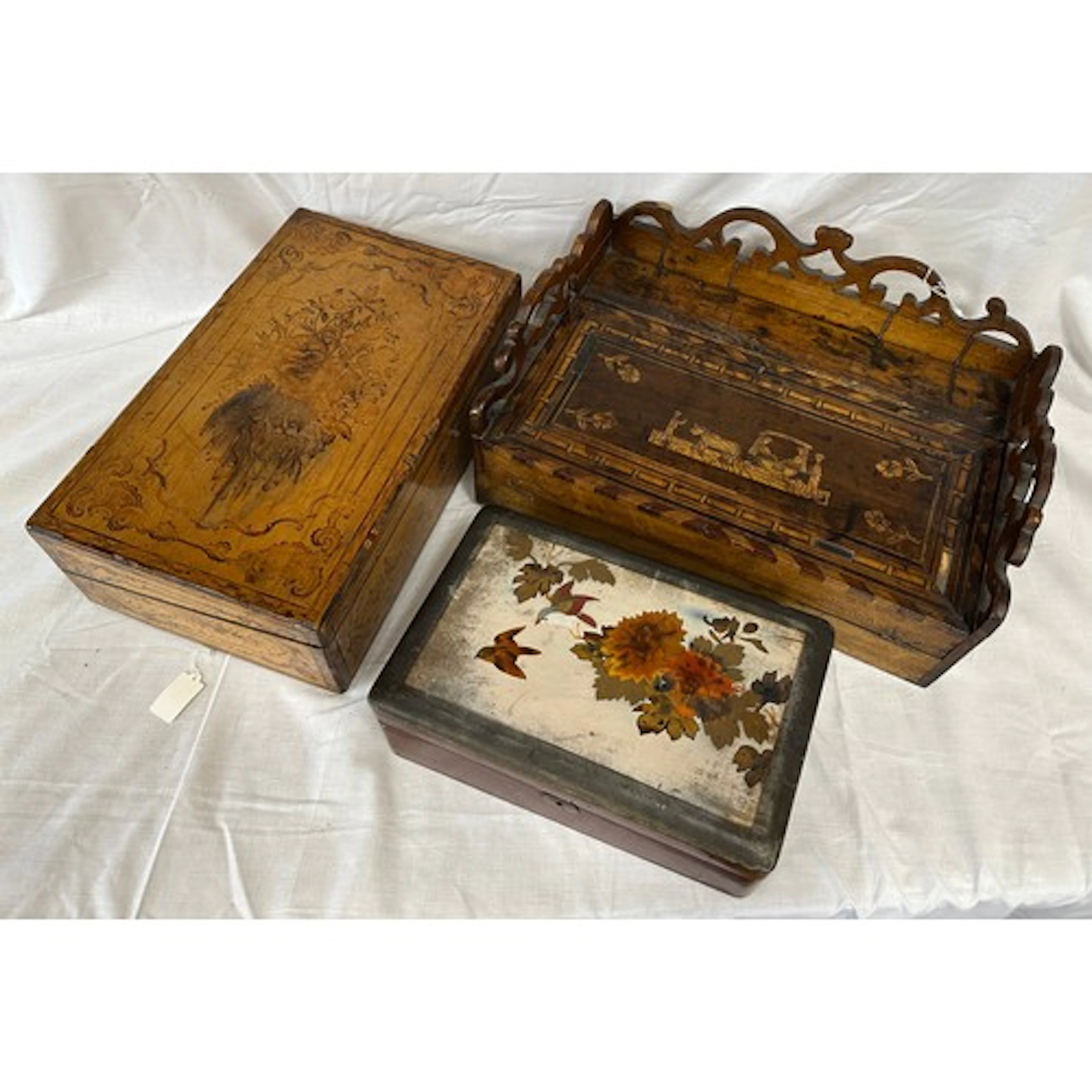 A portable marquetry table writing desk inlaid with a scene ...
