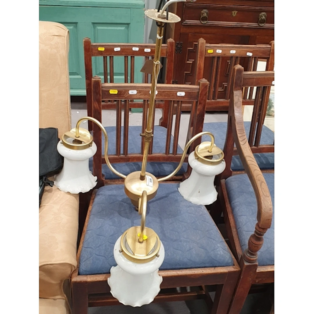 A pair of brass three branch ceiling lights, (R2).