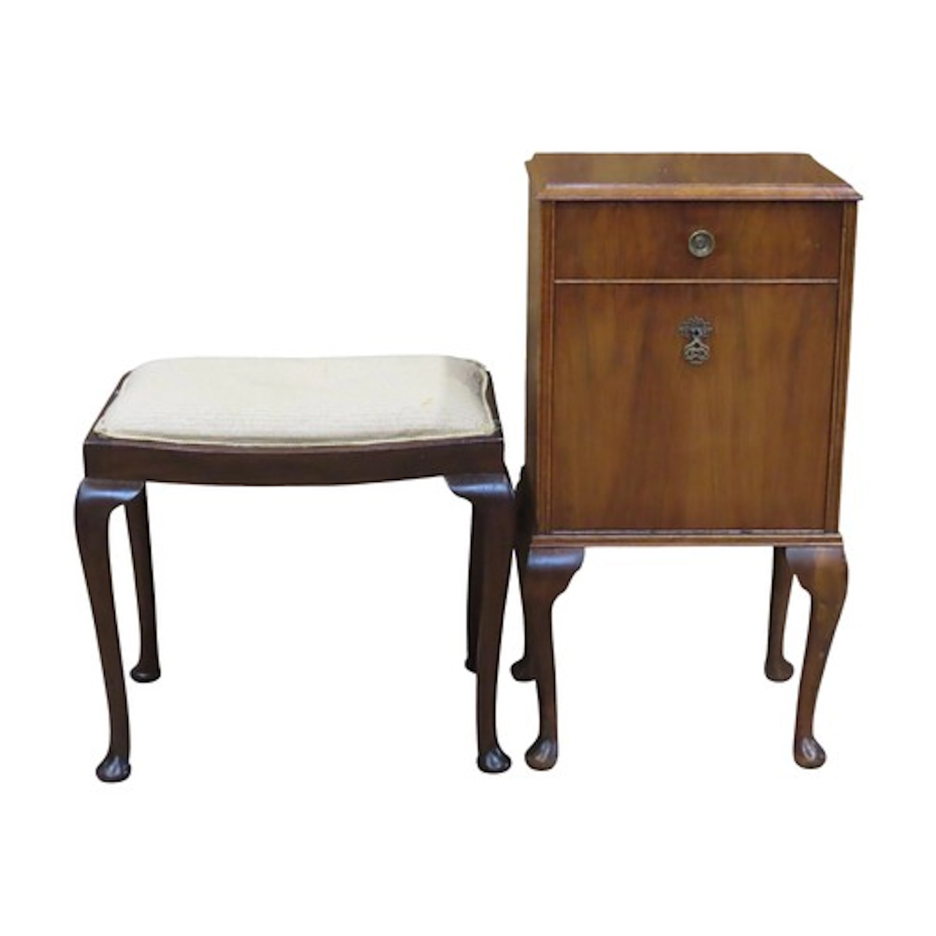A Queen Anne style walnut veneered bedside cupboard on cabri...
