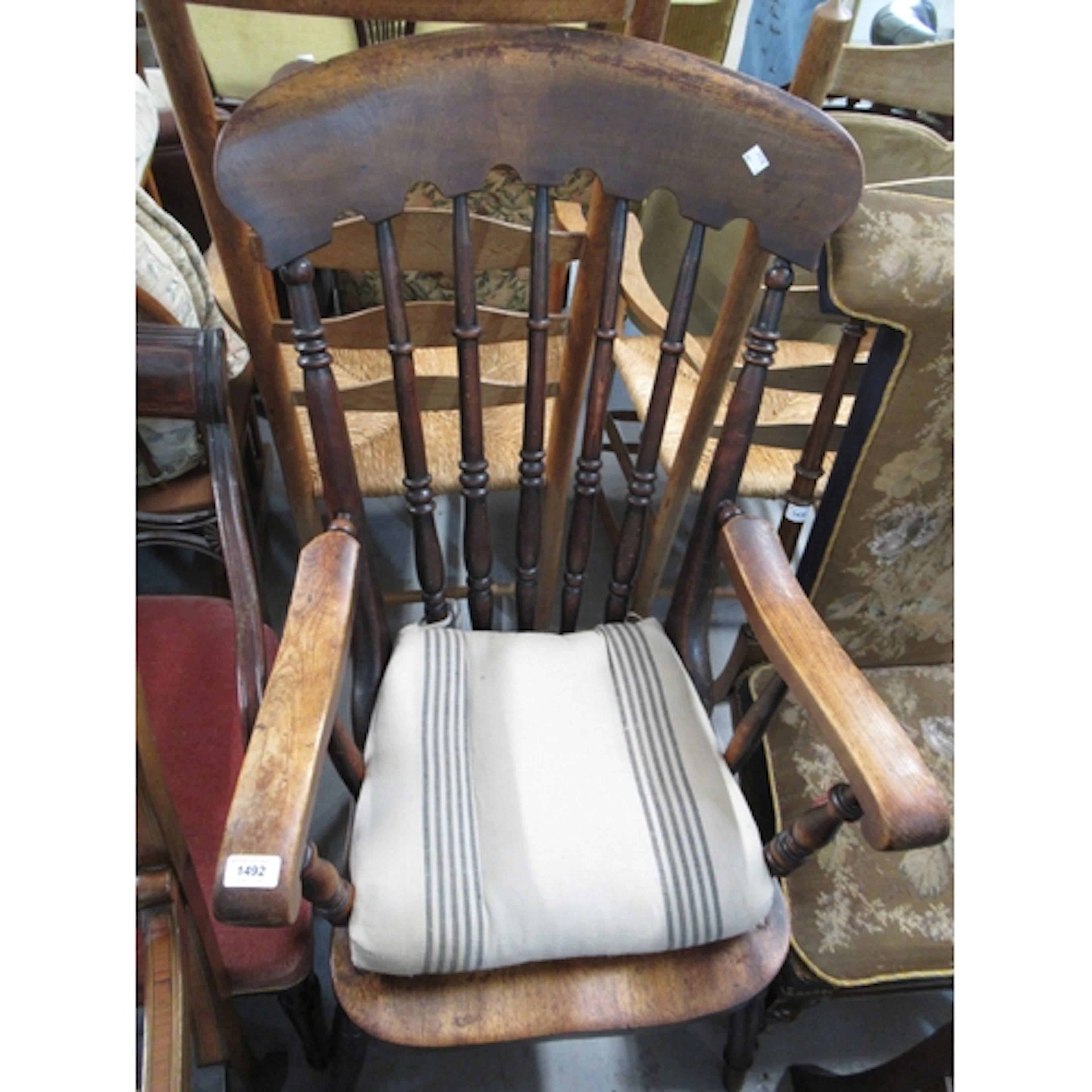19th Century beech and elm spindle back chair on turned supp...