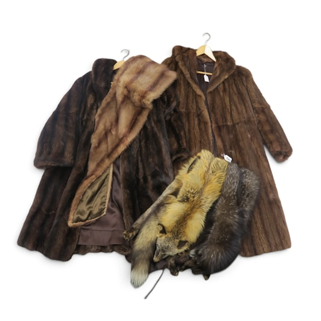 A vintage Jenners brown fur coat, another fur coat, two fox ...