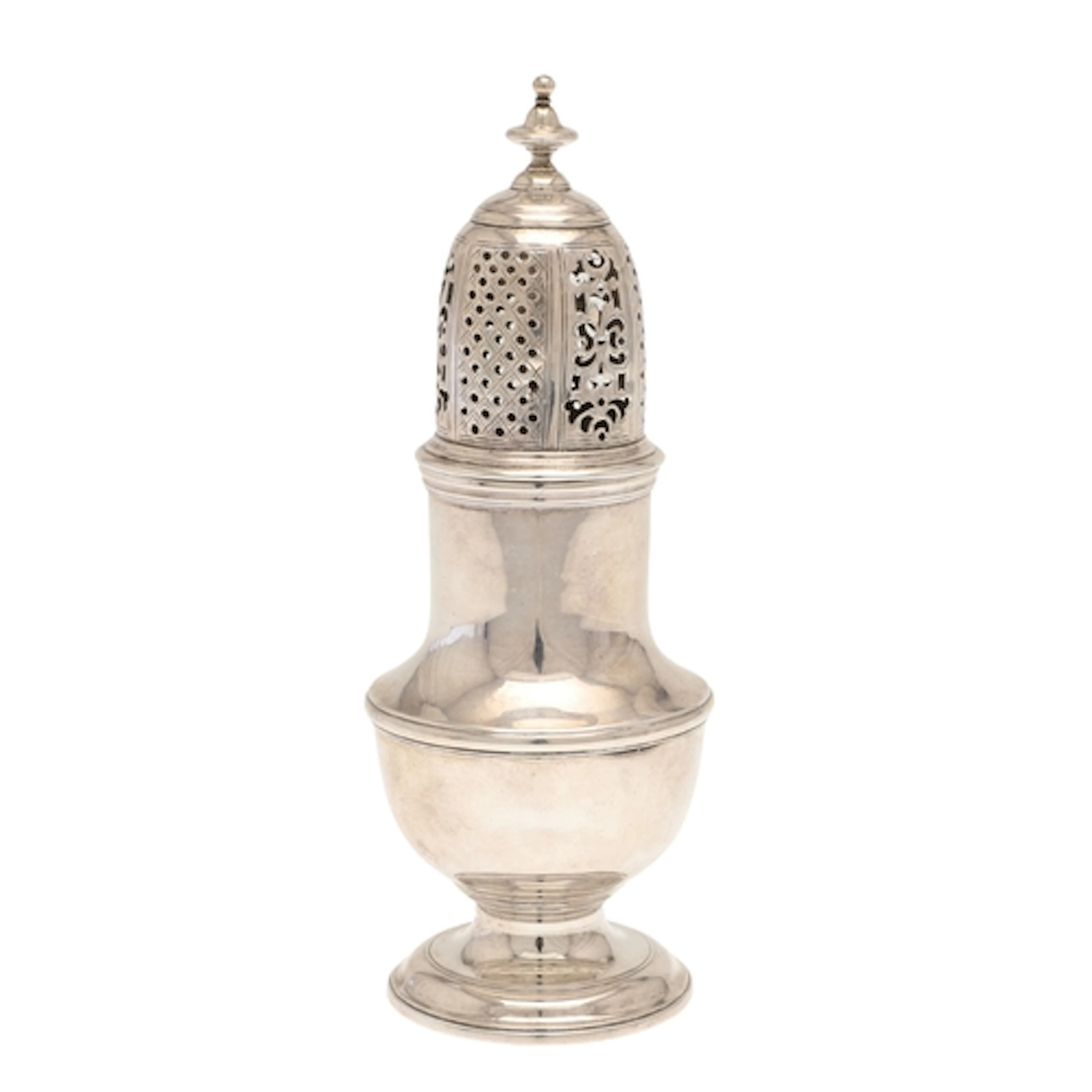 A GEORGE II SILVER SUGAR CASTER. Of baluster form on a round...