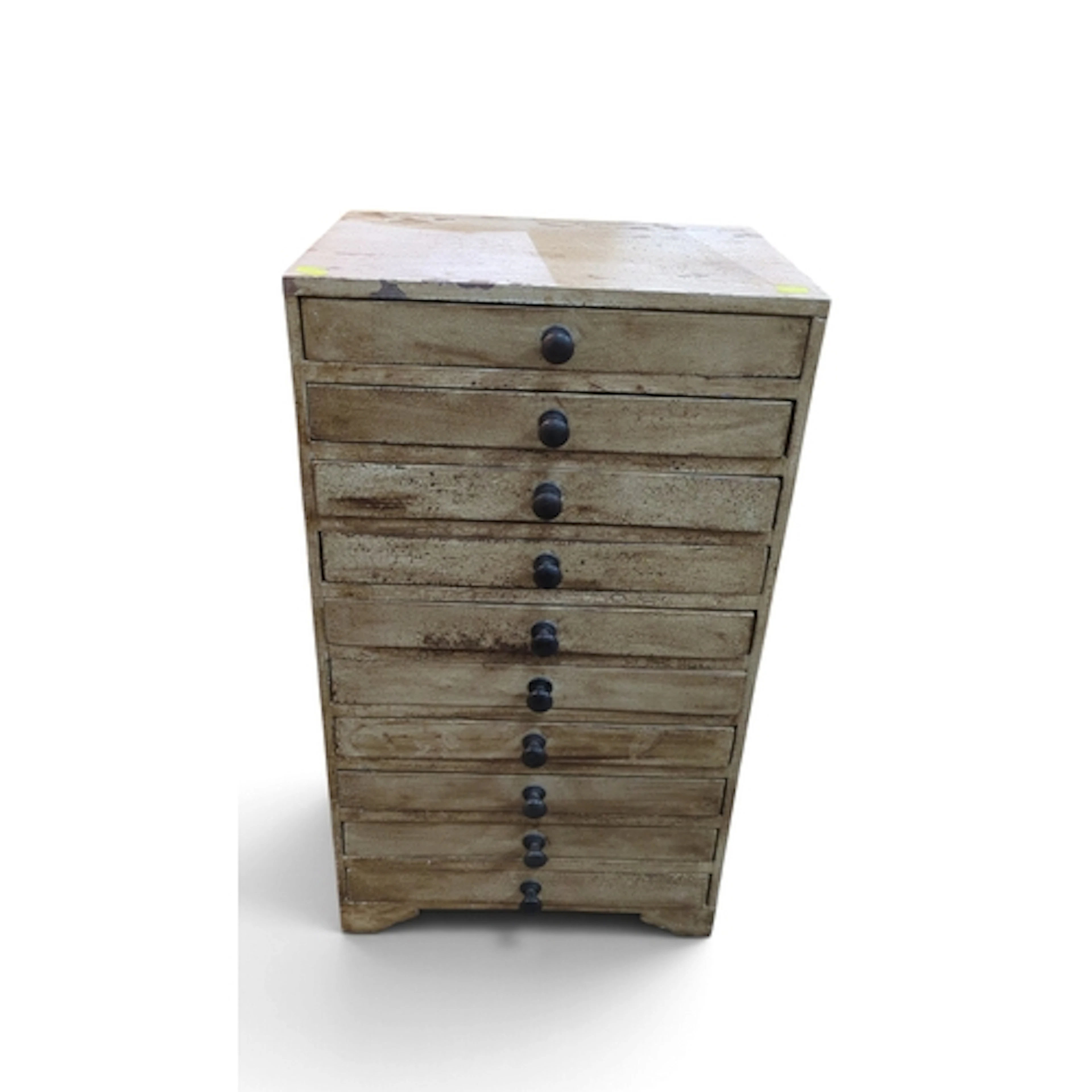 Painted wooden collector's cabinet with a bank of shallow, t...