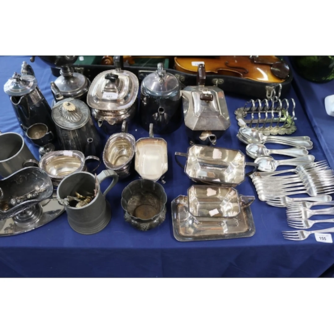 EPNS including teapots, creamers, pewter tankards, and a lar...
