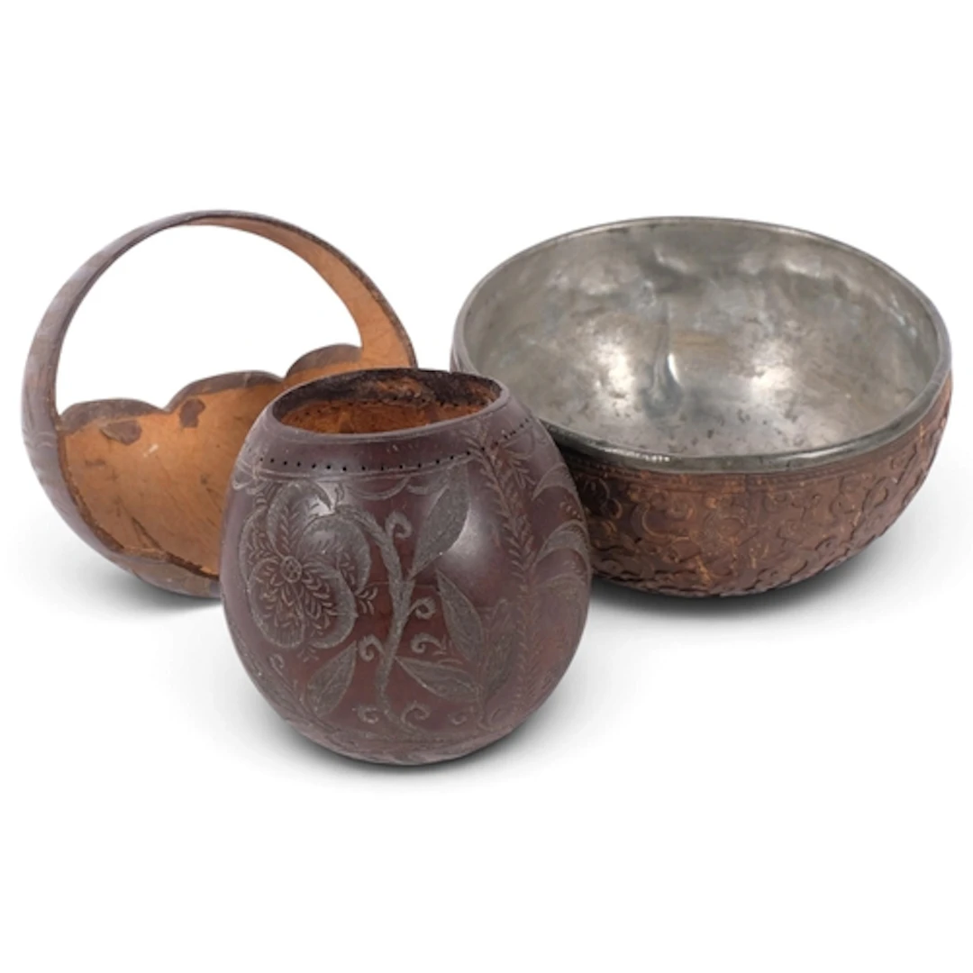 A 19th Indian coconut shell bowl, with relief carved decorat...