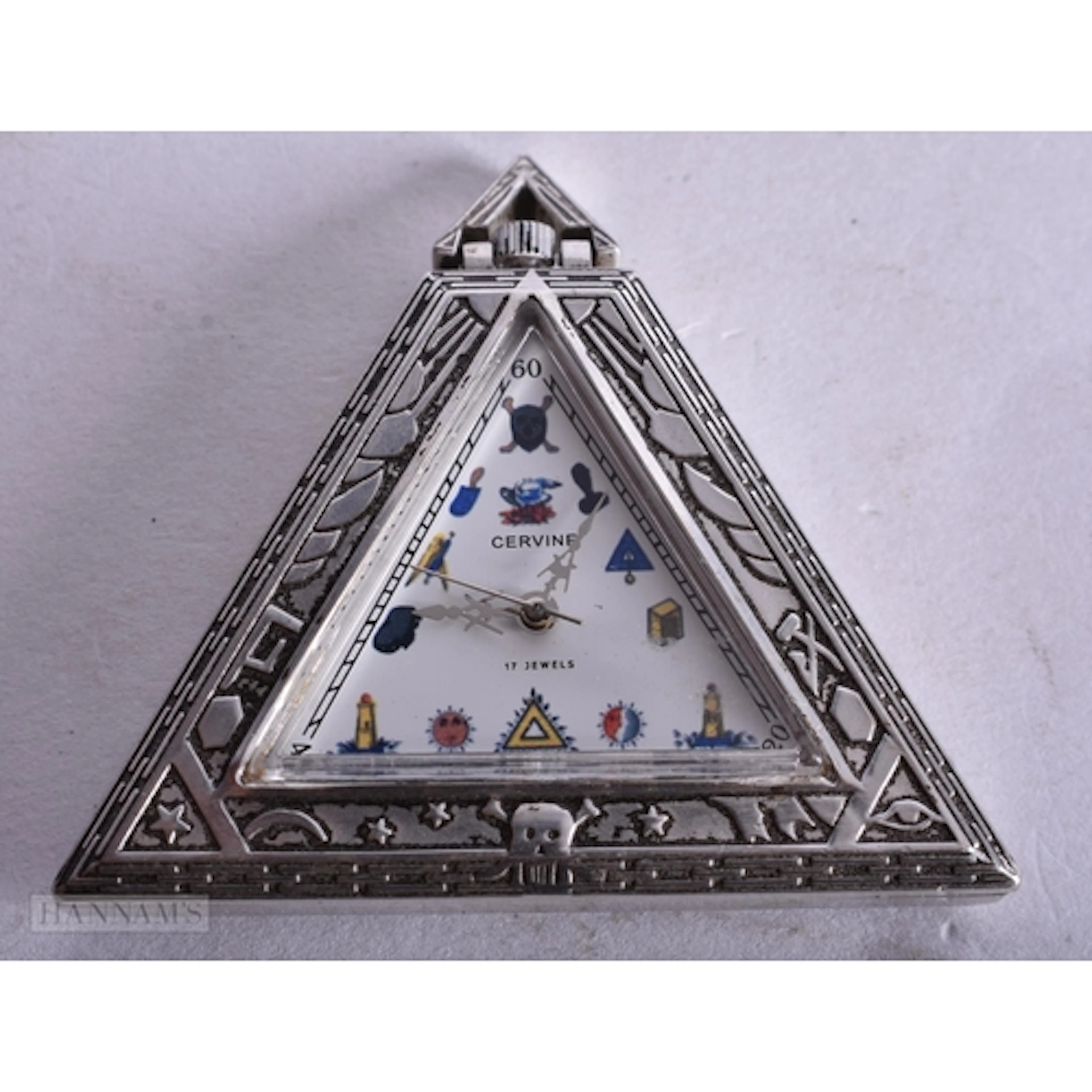 A SILVER MASONIC POCKET WATCH marked 800. 4.9 x 5.5 cm. 52.6...