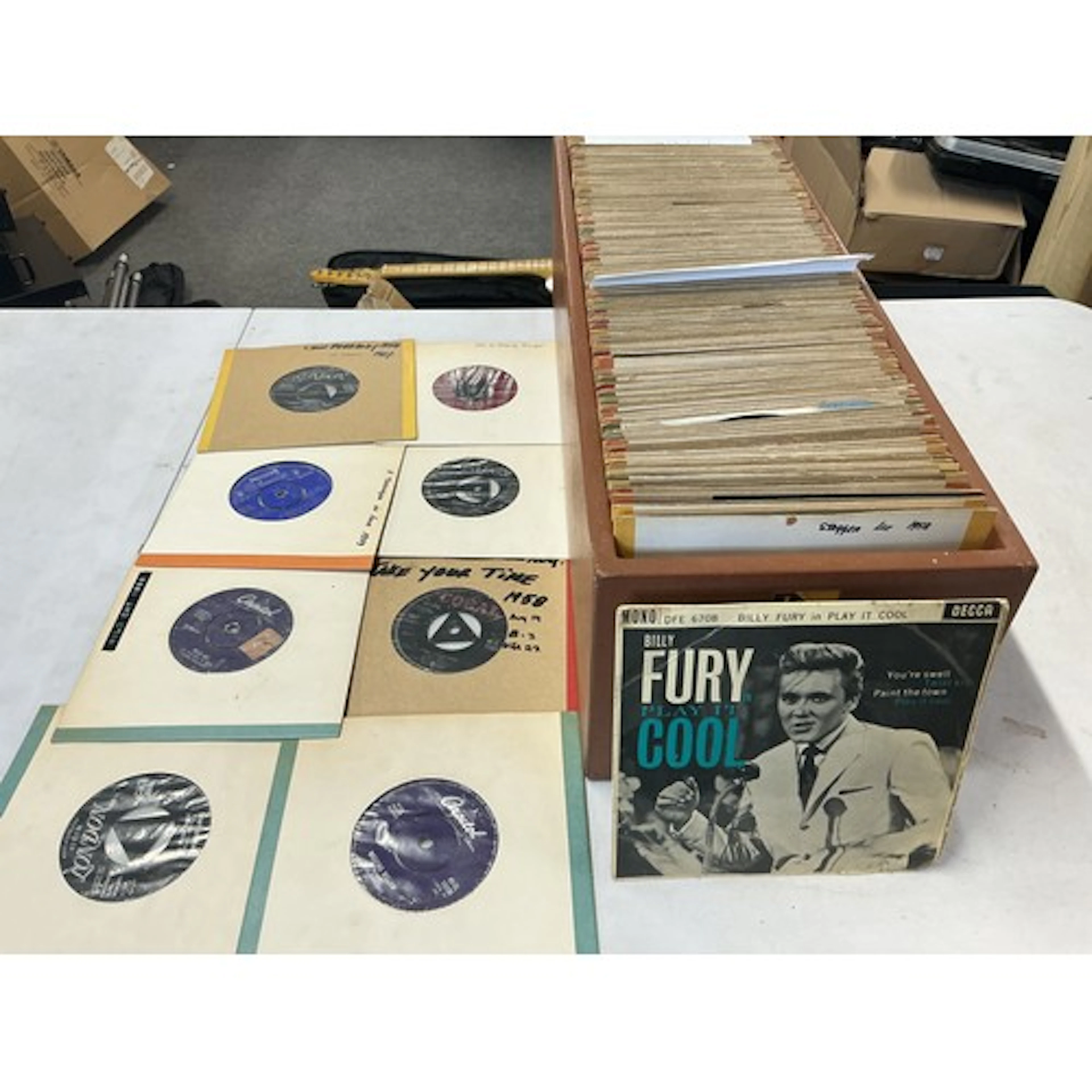 A long box of 7” singles and EPs comprising mainly rock n ro...