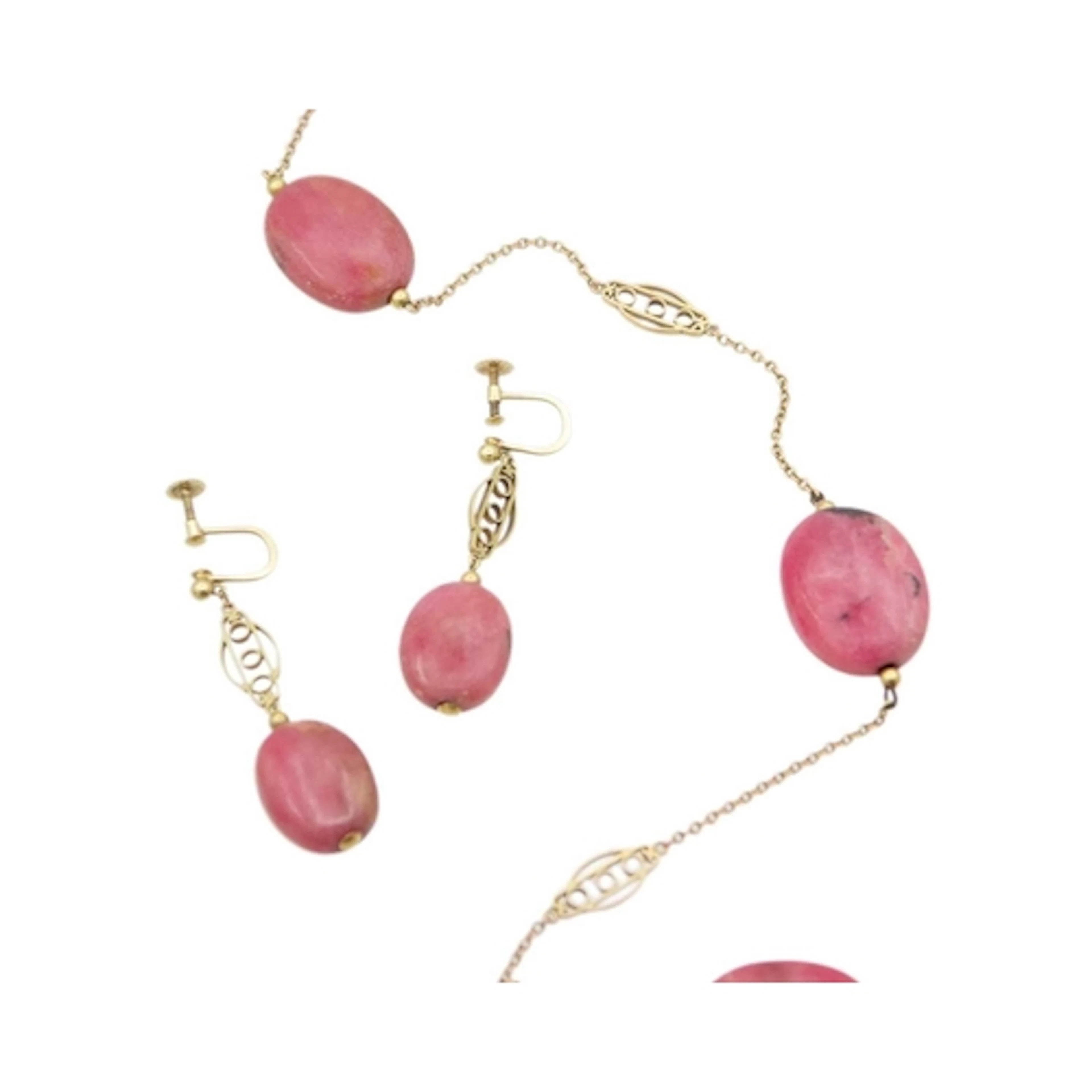 A 9k rhodonite bead long necklace with matching pendant earr...