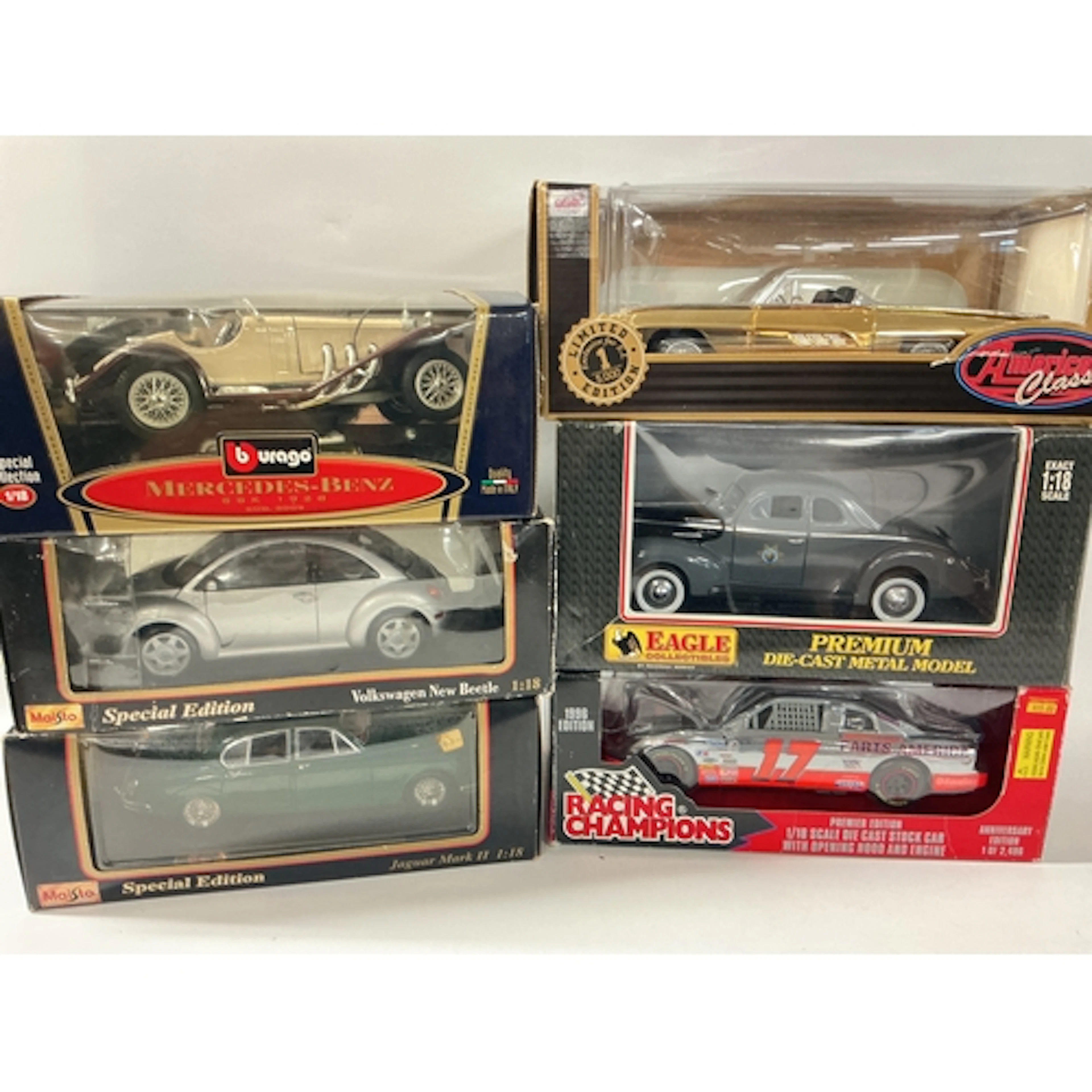 6 Boxed 1/18 Scale Diecast Cars Including Maisto,Racing Cham...