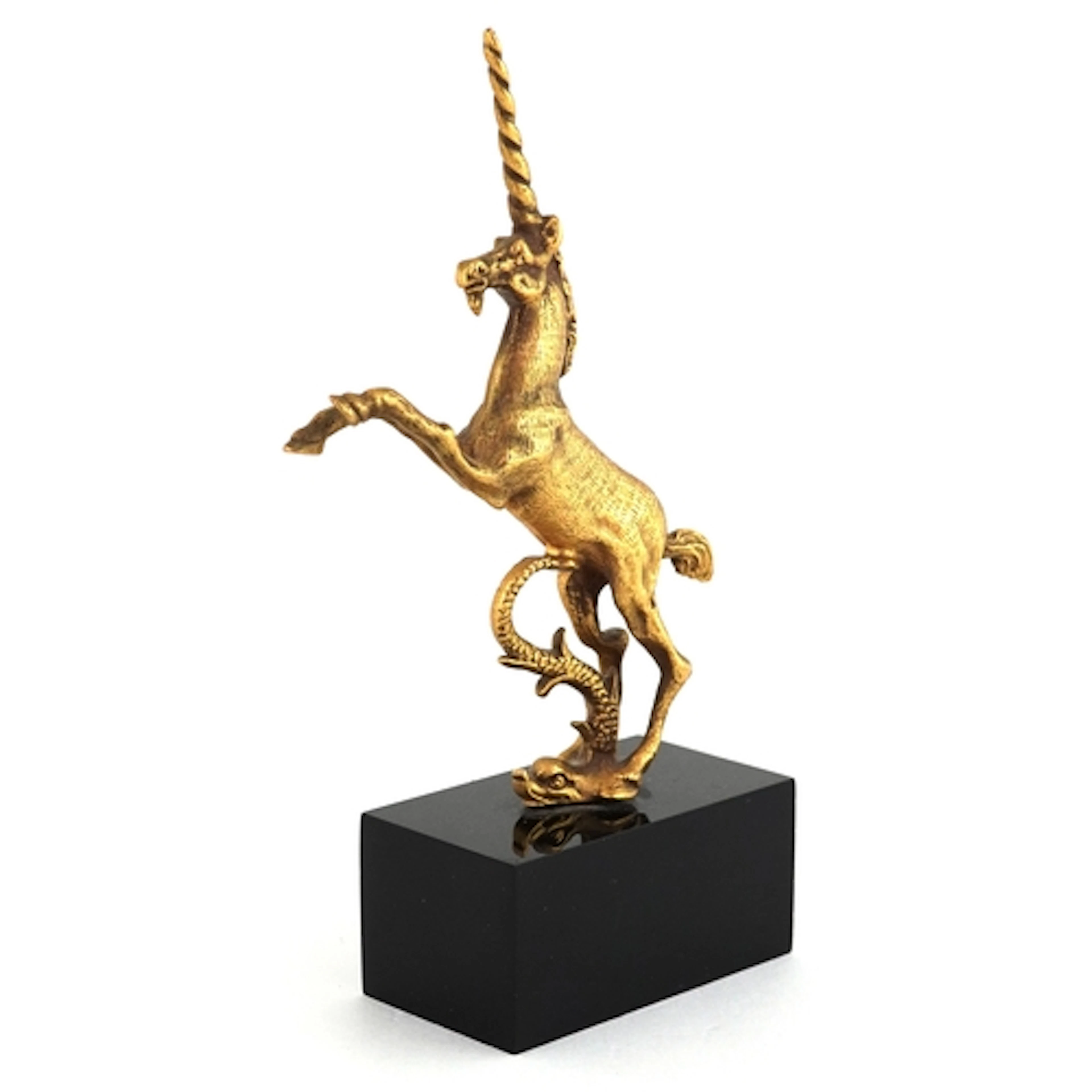 Gilt metal study of a rearing unicorn and dolphin, raised on...