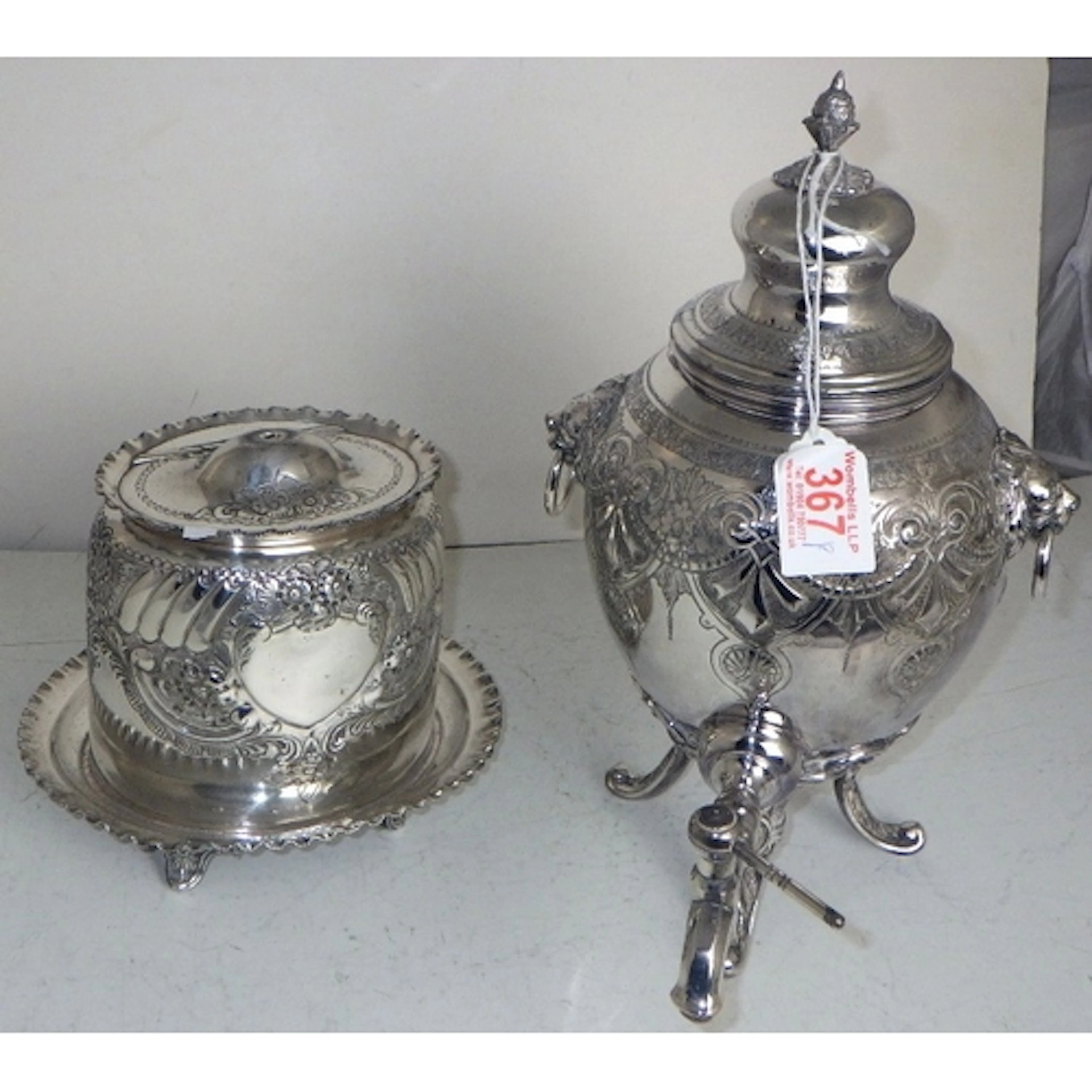 A small silver plated samovar 34cm together with a biscuit b...