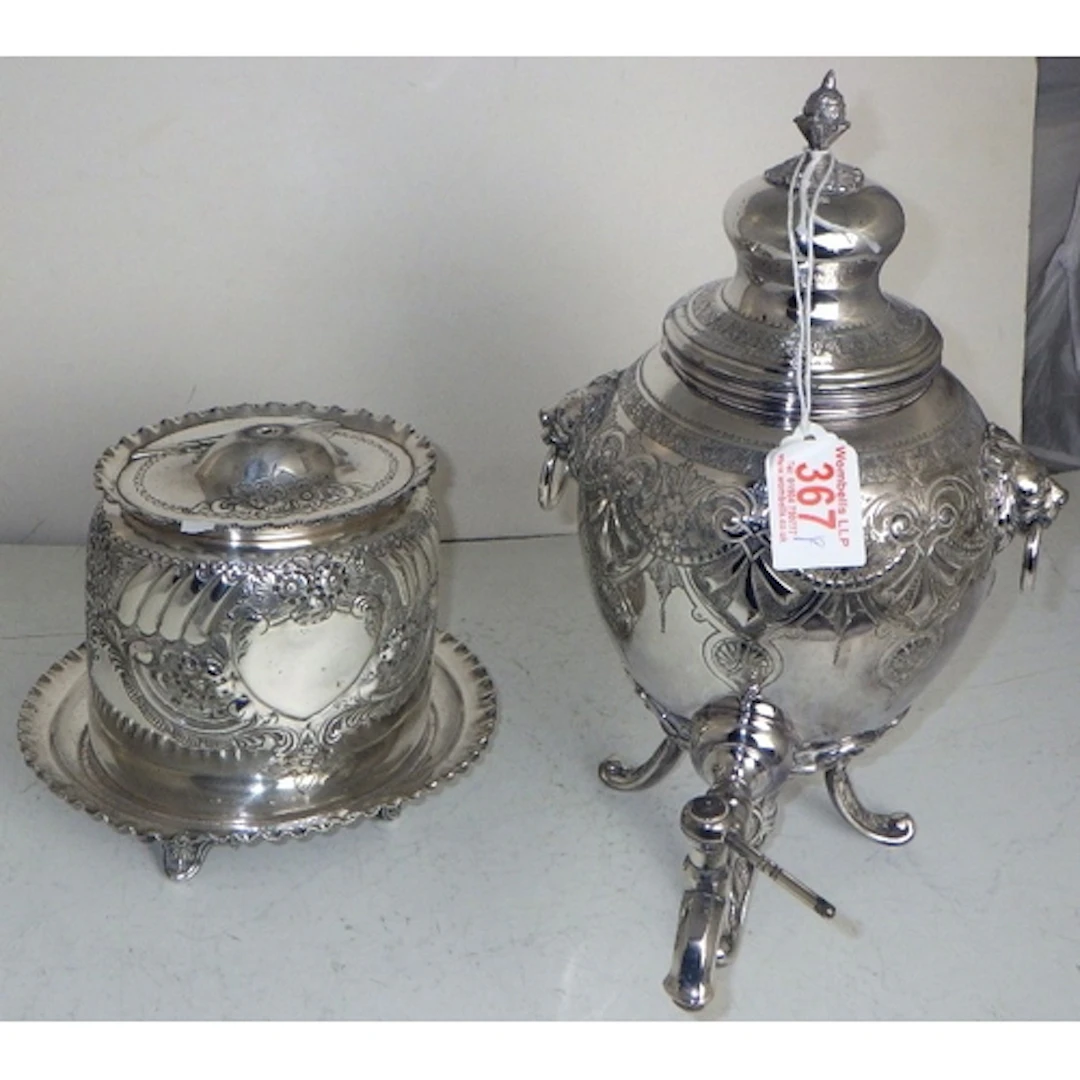 A small silver plated samovar 34cm together with a biscuit b...