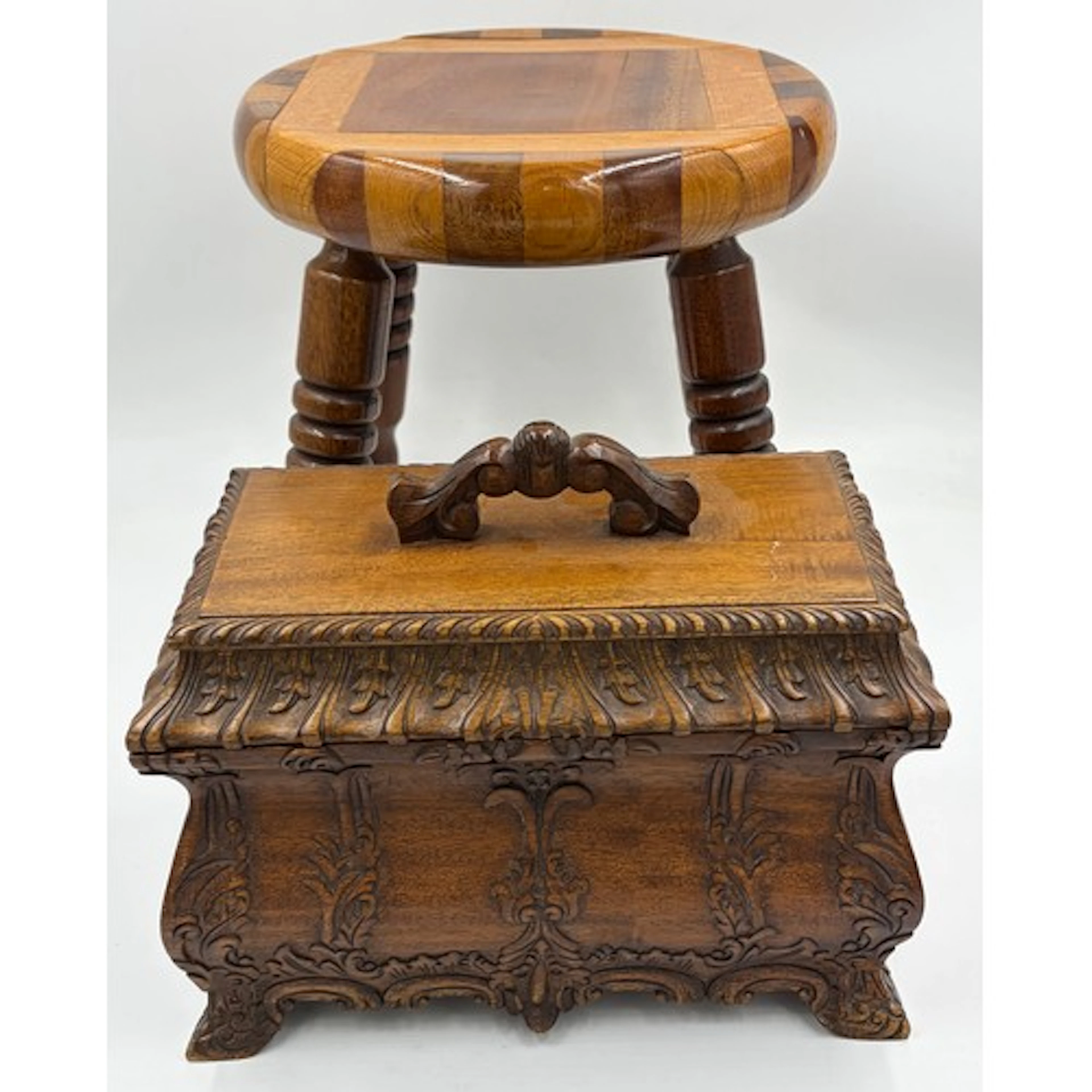 Carved wooden jewellery box with lift out tray and three com...