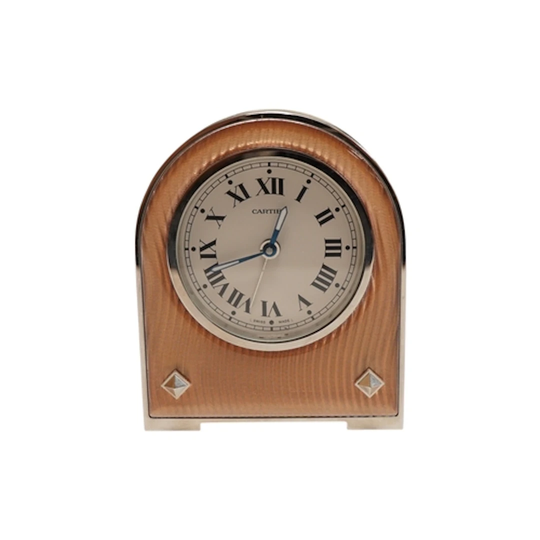 A boxed Cartier stainless steel and enamel desk clock, 12306...