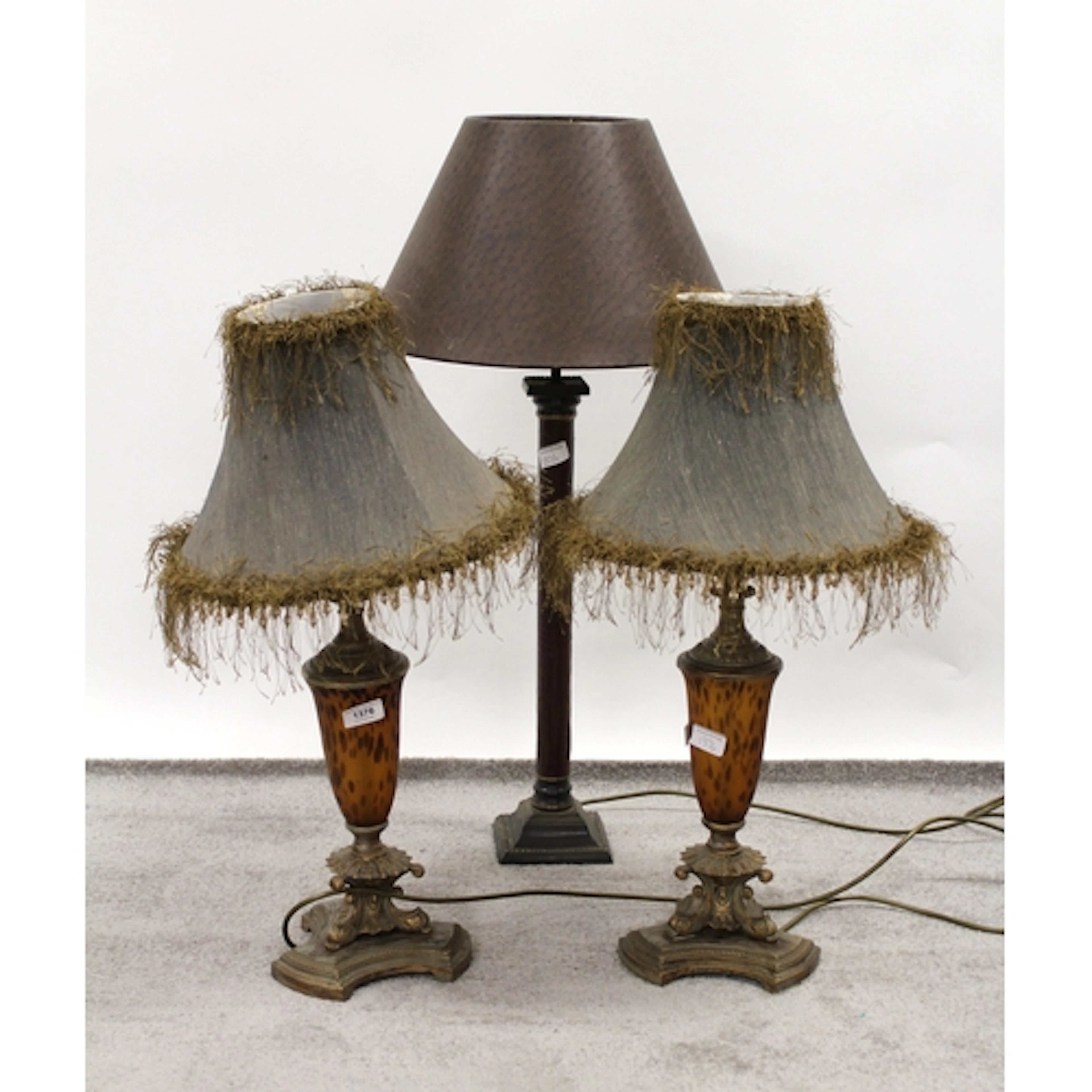 Pair of modern gilt table lamp bases of tri-form and another...