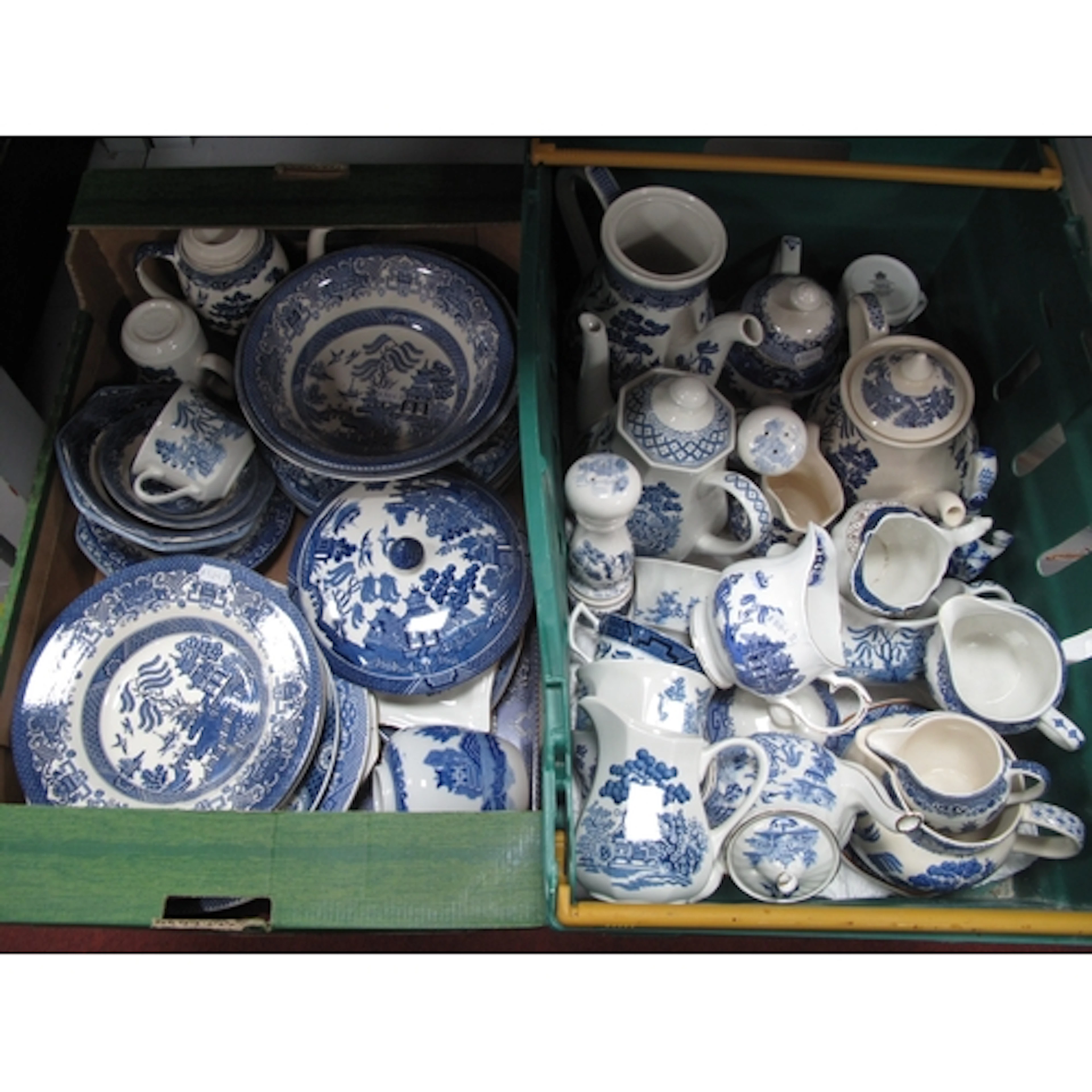 Collection of blue and white ceramics, featuring classic Wil...