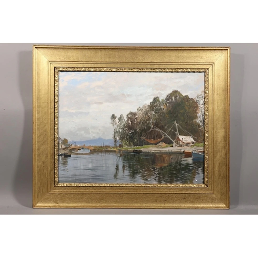 19TH CENTURY SCHOOL, bridge over a river, oil painting, unsi...