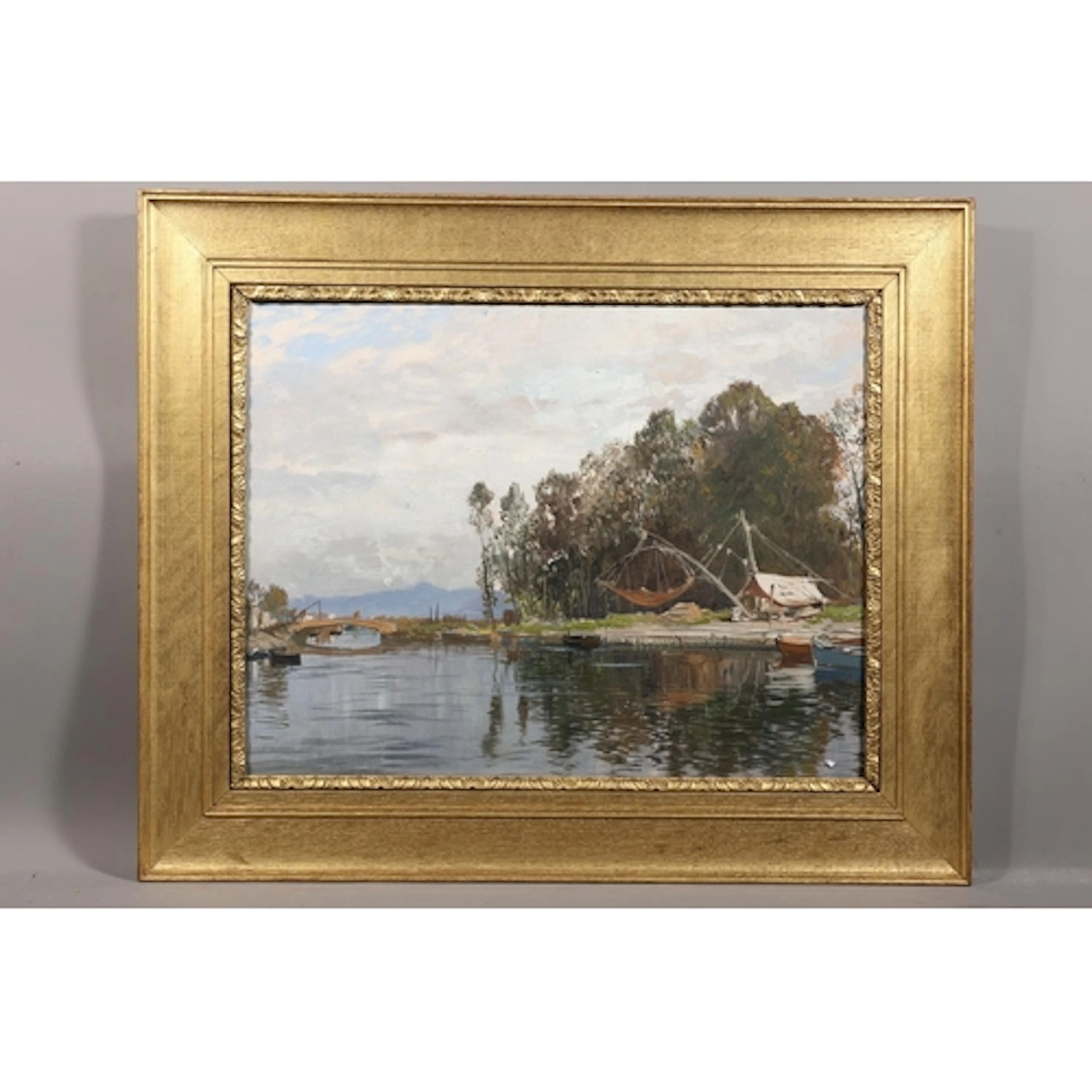 19TH CENTURY SCHOOL, bridge over a river, oil painting, unsi...