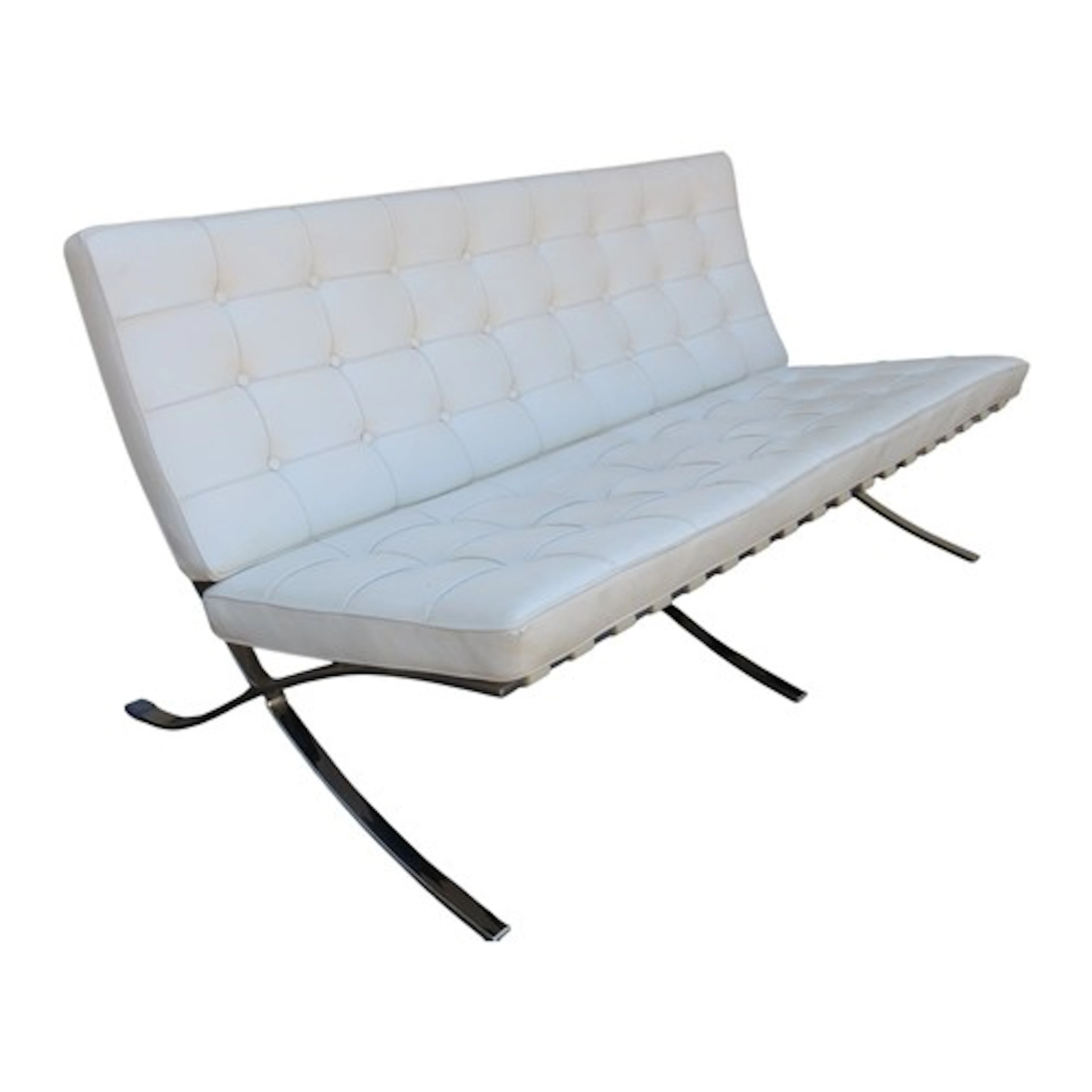A classic Barcelona style two seat sofa with buttoned cream ...