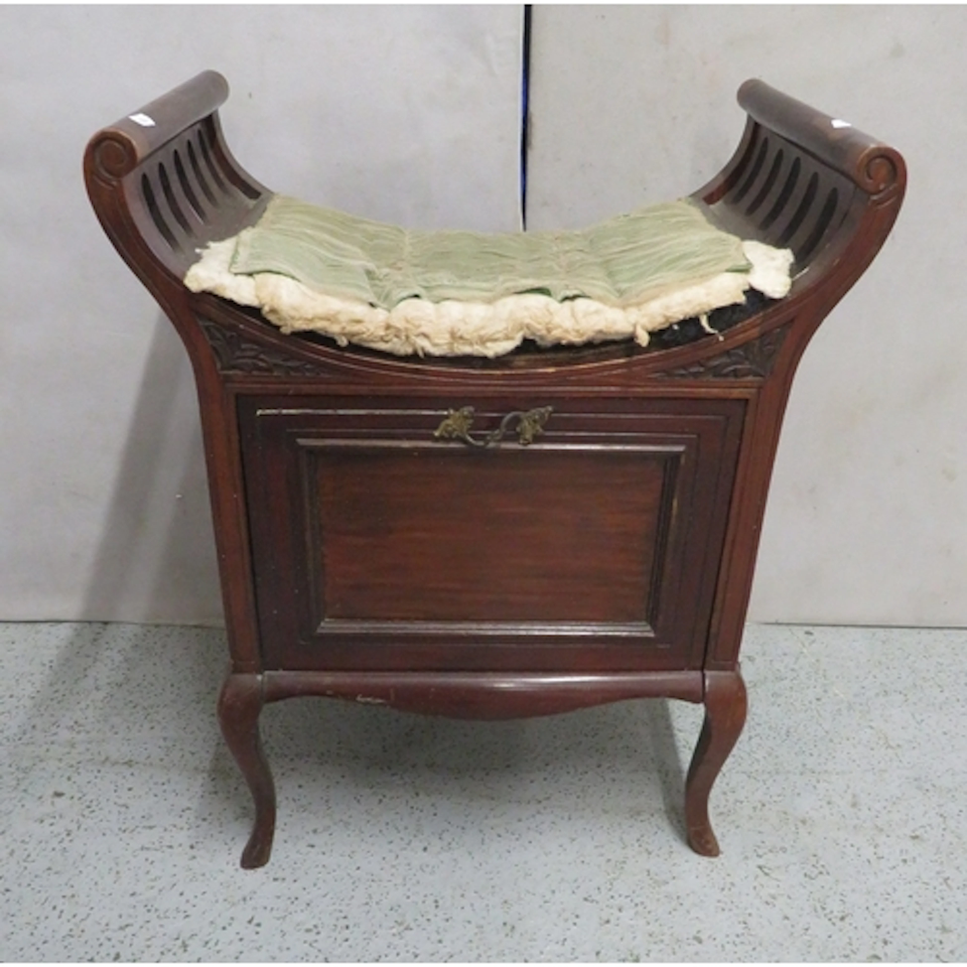 Antique Mahogany Piano stool, curved handles to side, uphols...