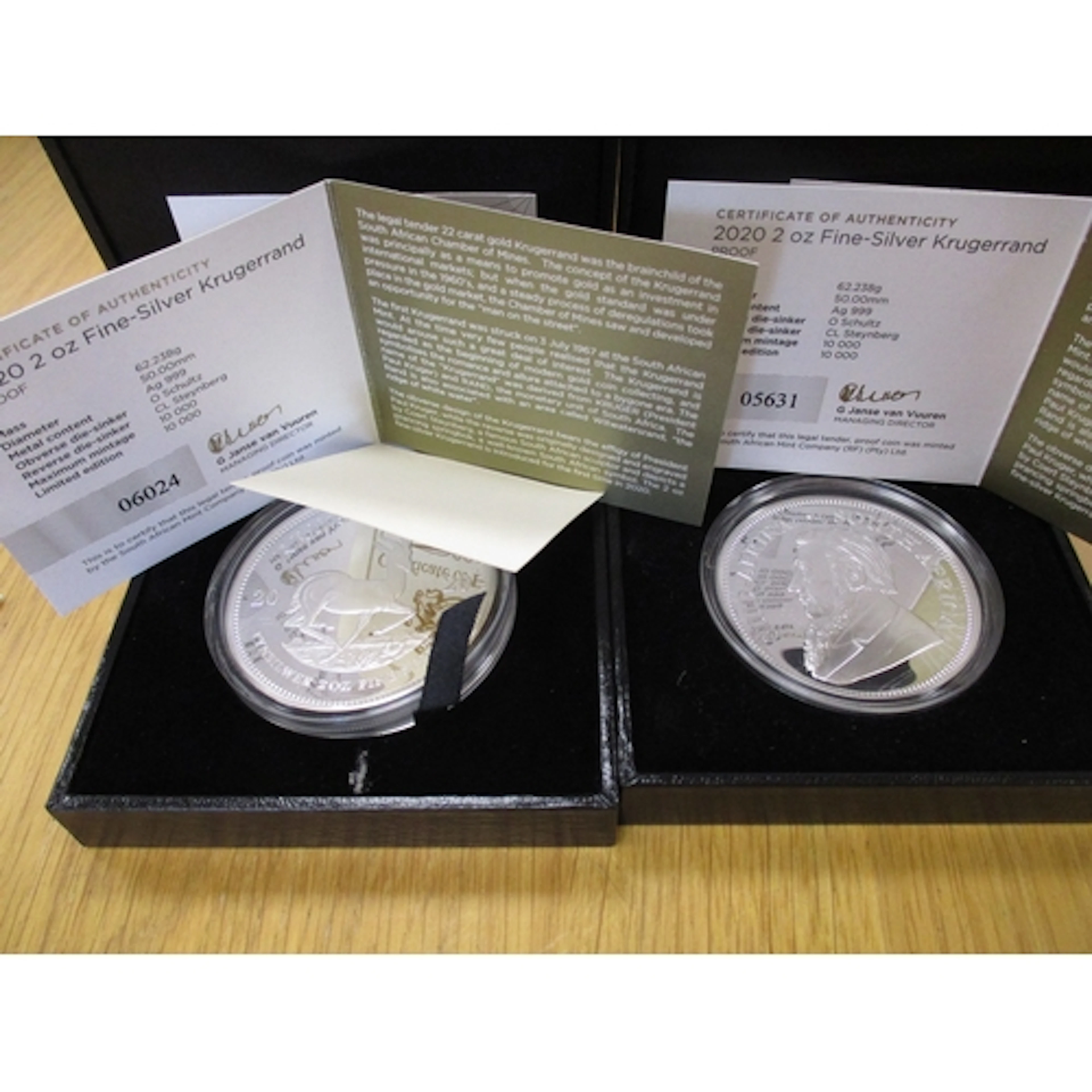 South Africa. Pair of 2020 boxed silver 2oz Krugerrands proo...