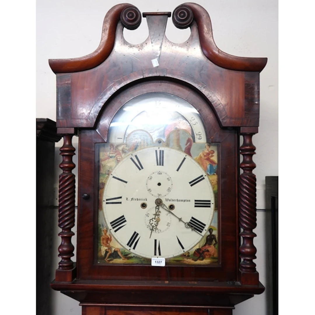 19th Century mahogany longcase clock, the painted dial with ...