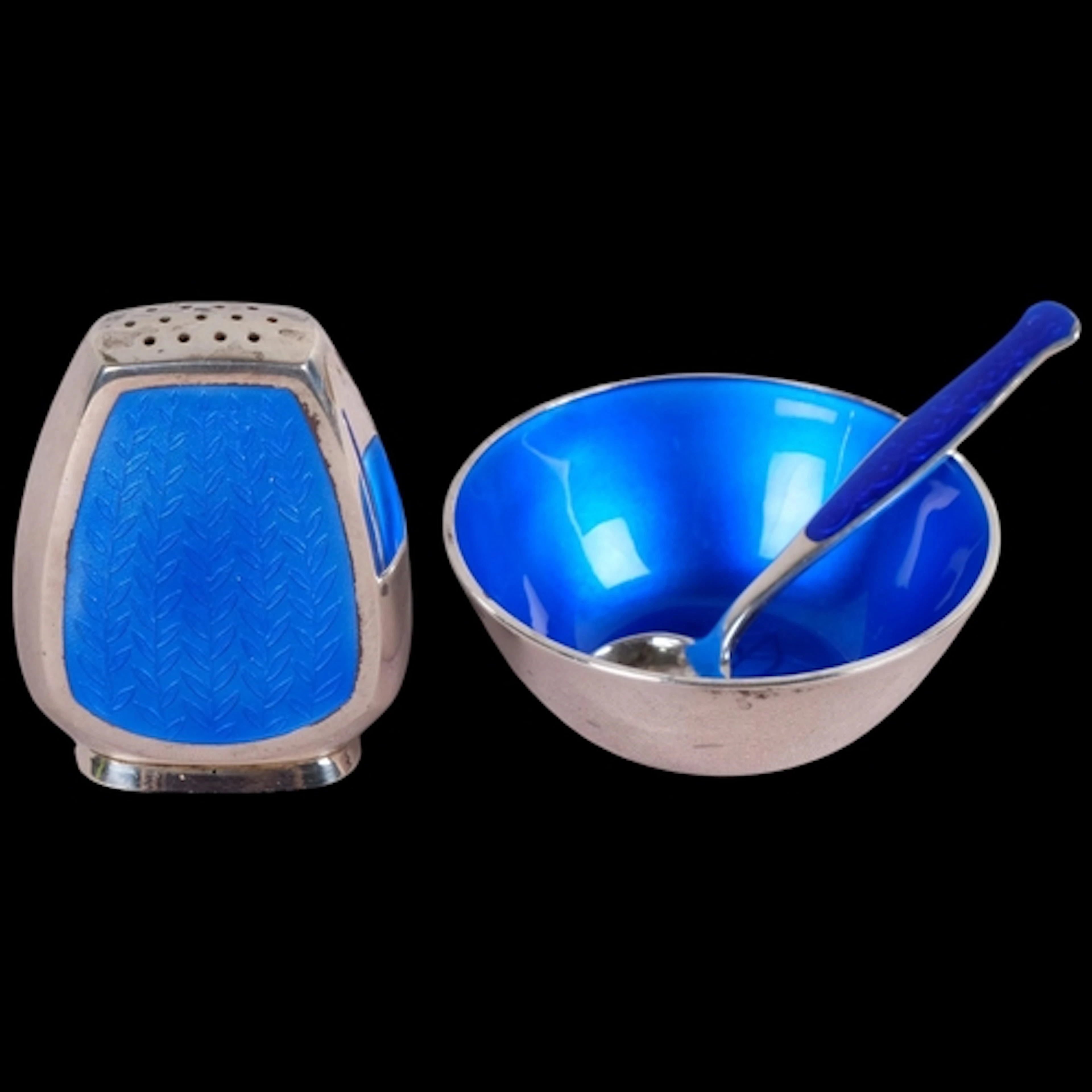 A Danish modernist sterling silver blue enamel salt cellar a...