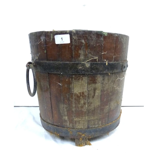Large oak jardiniere with steel strapping. 33cm high