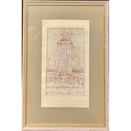 After LS Lowry Industrial building sepia ink 23cm x 13c...
