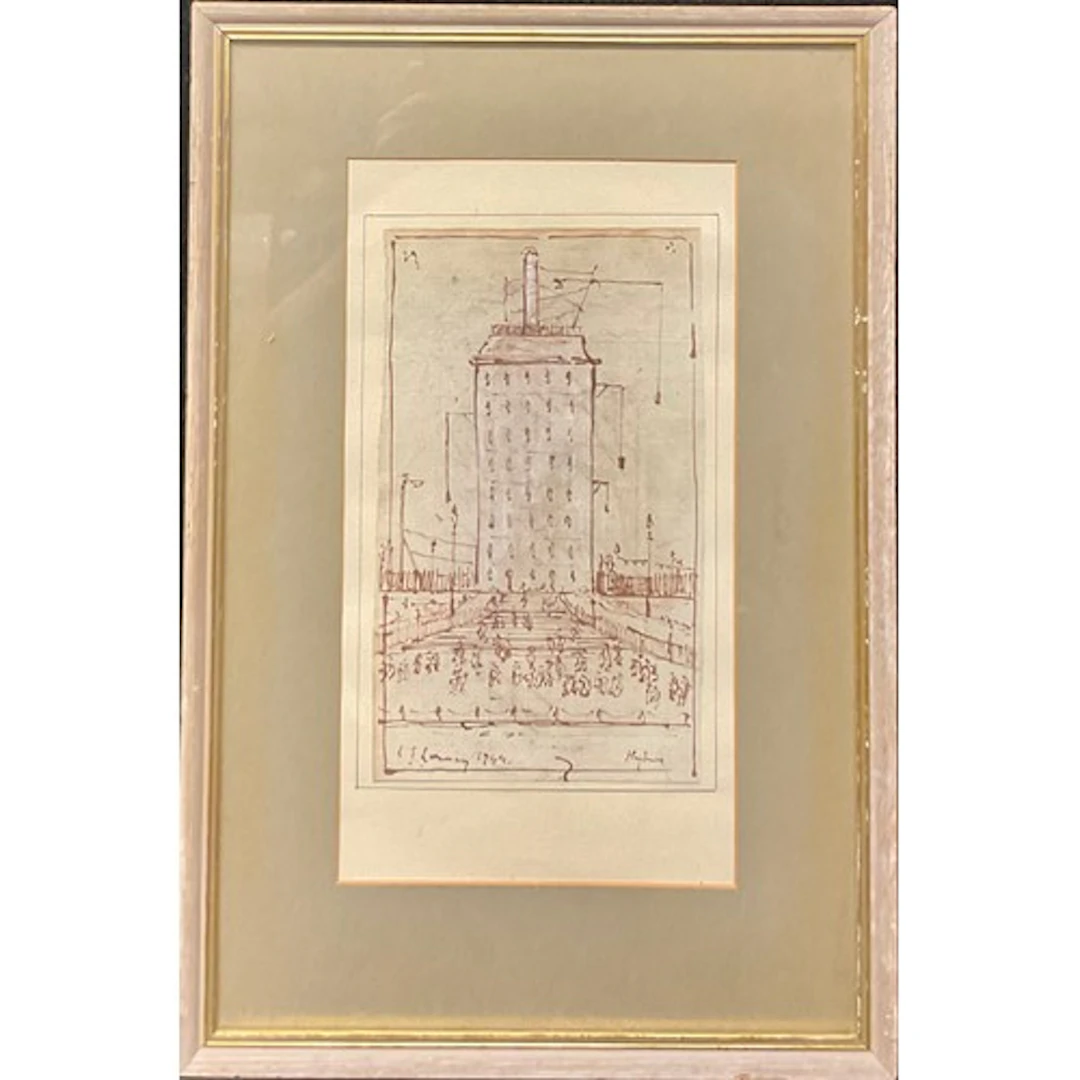 After LS Lowry Industrial building sepia ink 23cm x 13c...