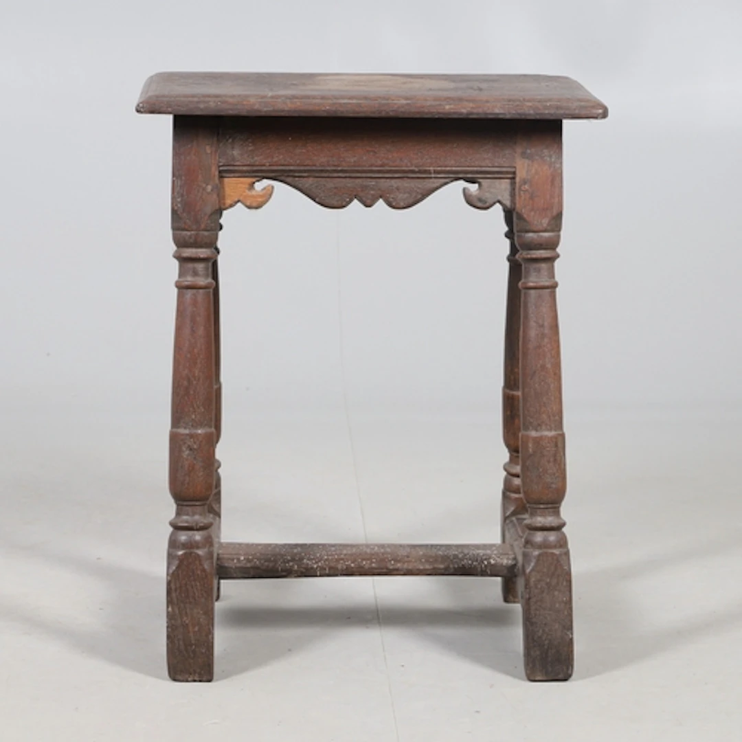 A RARE 17TH CENTURY OAK & ELM JOINT STOOL. of four peg const...