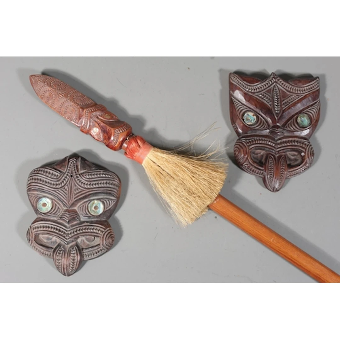 New Zealand Maori style spear, 157cm tall, and two wall mask...