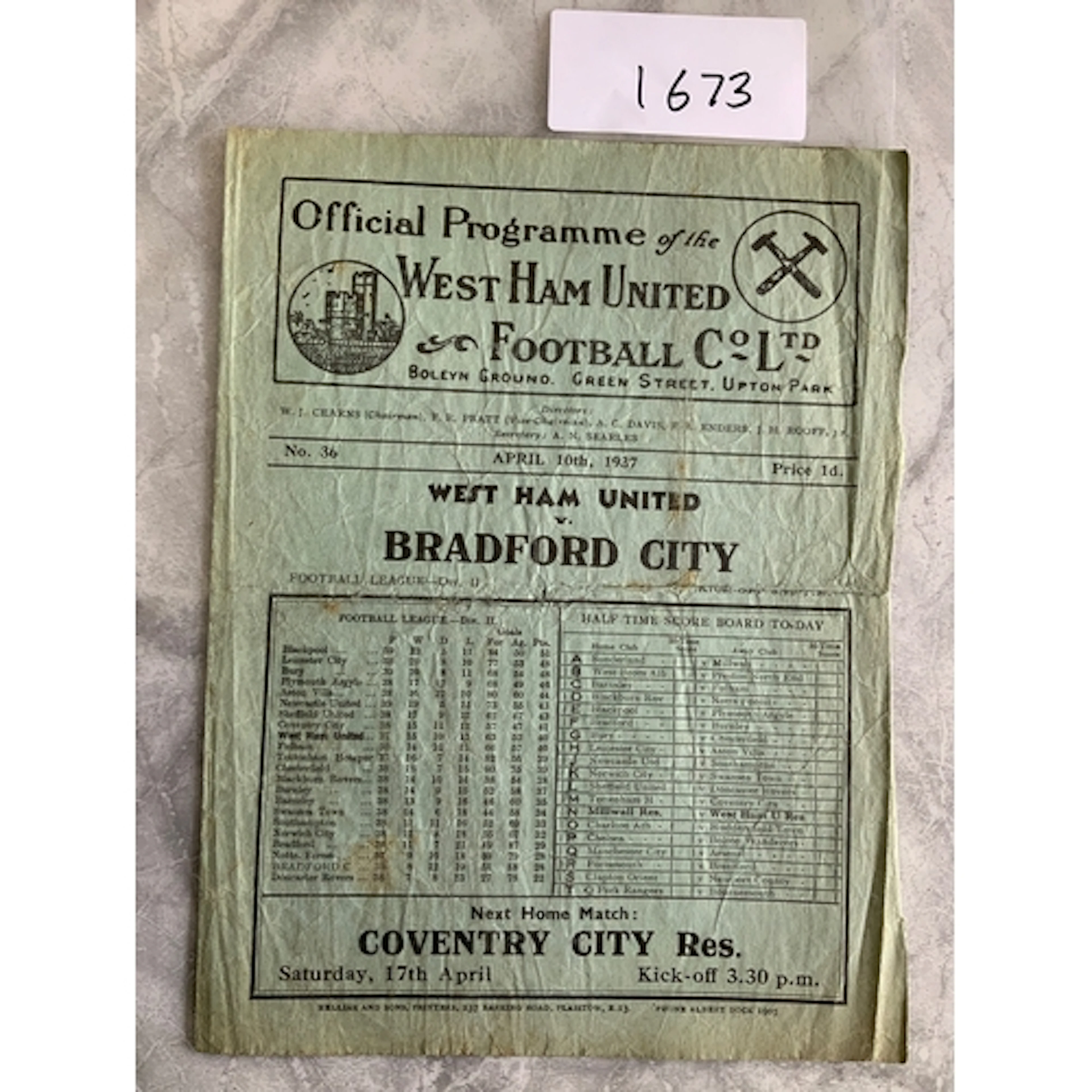 36/37 West Ham v Bradford City Football Programme: Fair/good...