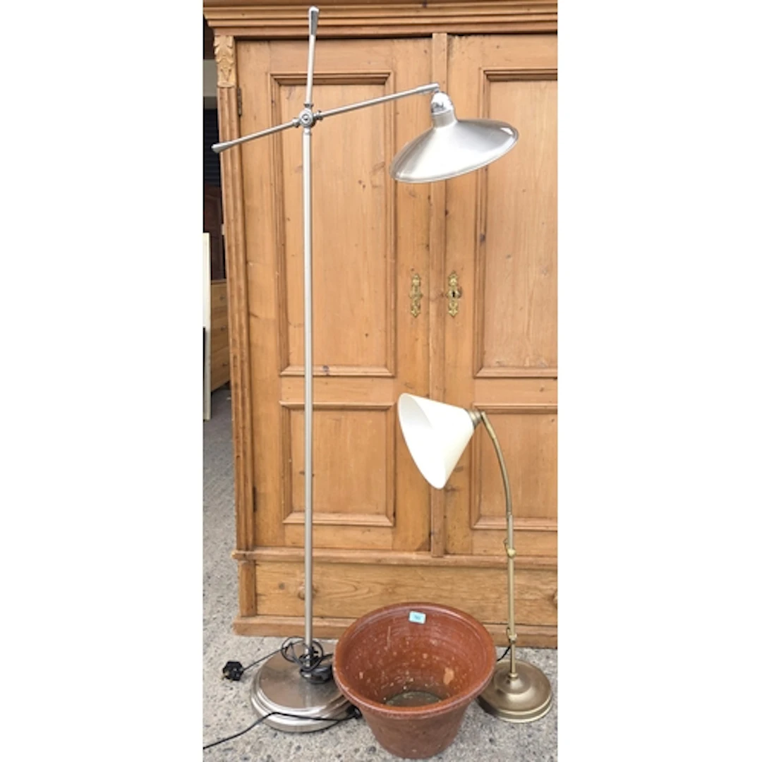 A vintage bread crock bowl and a standard lamp and another l...