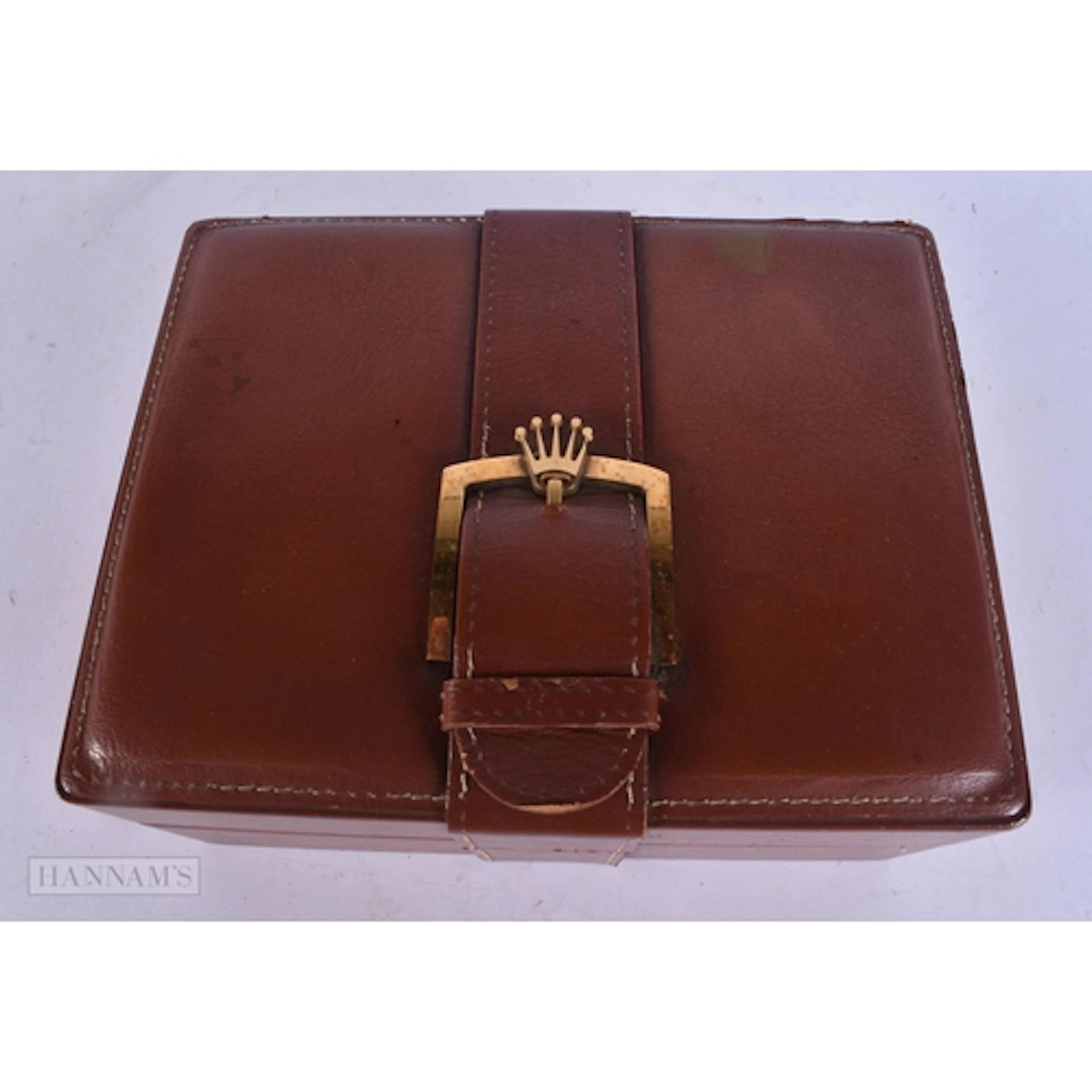 A ROLEX BROWN LEATHER WATCH BOX. 20 cm x 15cm.