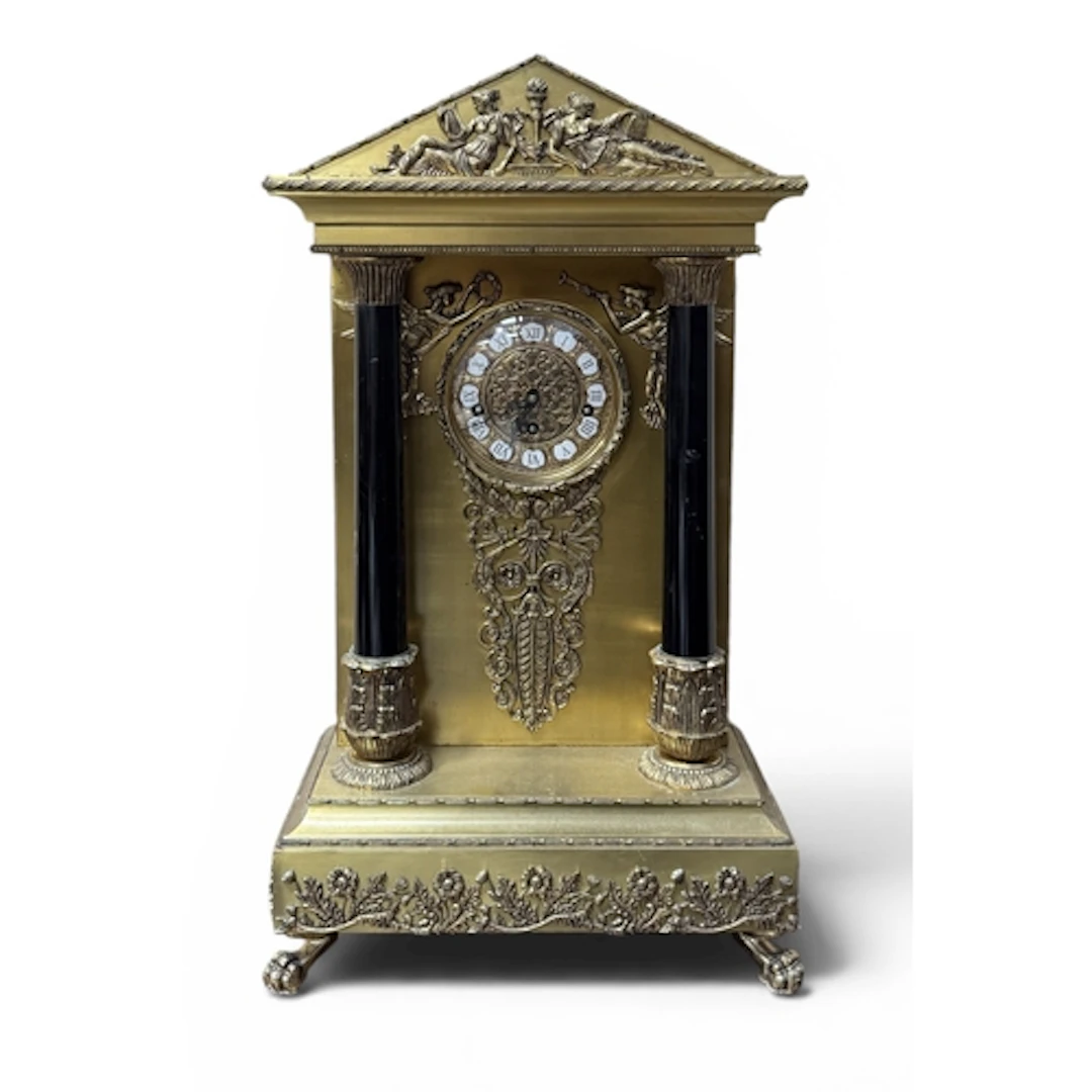 A 19TH CENTURY BRASS ARCHITECTURAL EMPIRE STYLE CLOCK 35cm x...